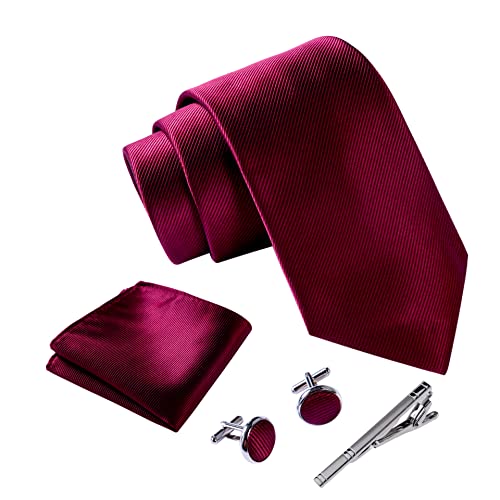 Detalle 2 de Set de Corbata Burdeos Massi Morino 5 en 1 para Hombre: corbata, pañuelo, gemelos y accesorios para boda
