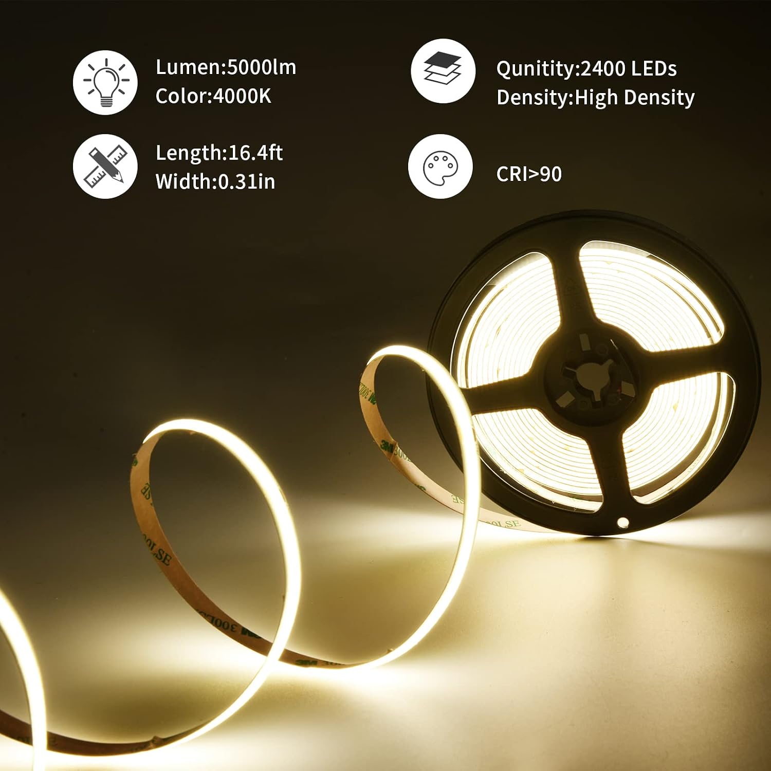 Thumbnail 1 de SIRYYUI 12V COB LED Strip Light 2x5m (480 LEDs/m) in 4000K, CRI 90+ — no power supply