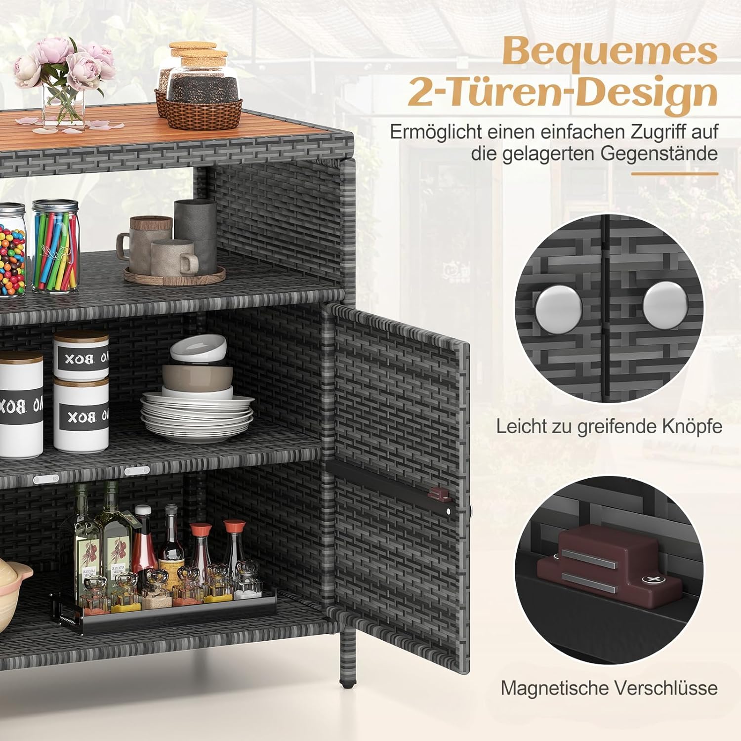 Detalle de COSTWAY Gartenschrank Rattan: Terrassenschrank mit Akazienholz-Arbeitsplatte, 90 x 53 x 86 cm, Grau