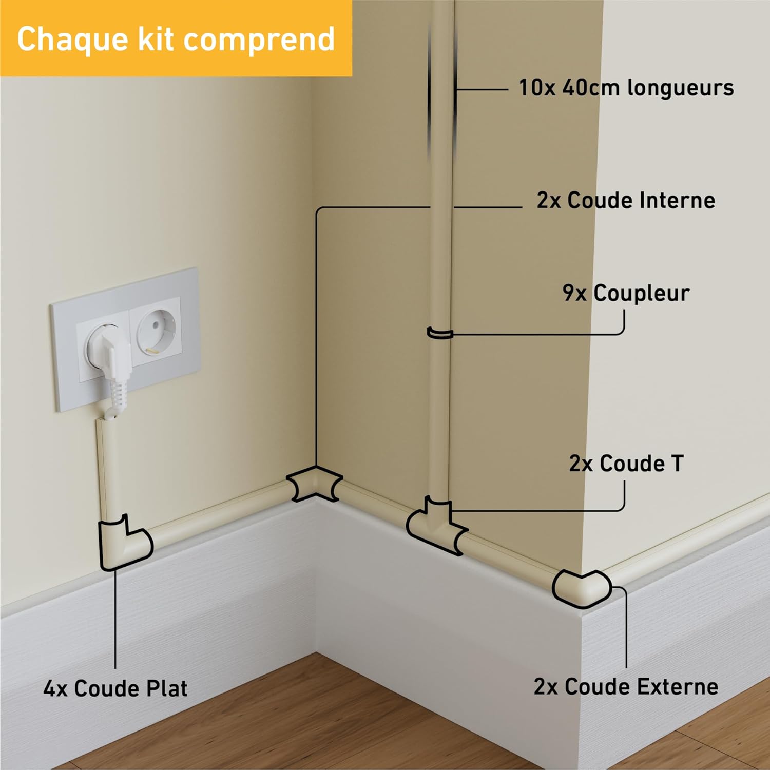 Detalle de D-Line Goulotte passe-câbles 20×10 mm demi-ronde auto-adhésive (multipack 4 m) – Crème
