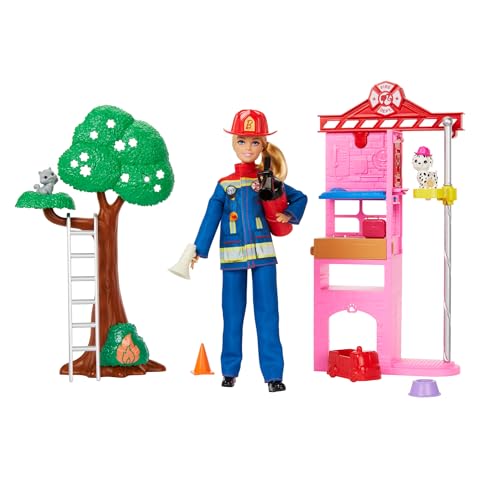 Detalle de Barbie Careers Firefighter Doll & Playset with Fire Station & Tree, 2 Pets, Colour-Change & 10+ Accessories