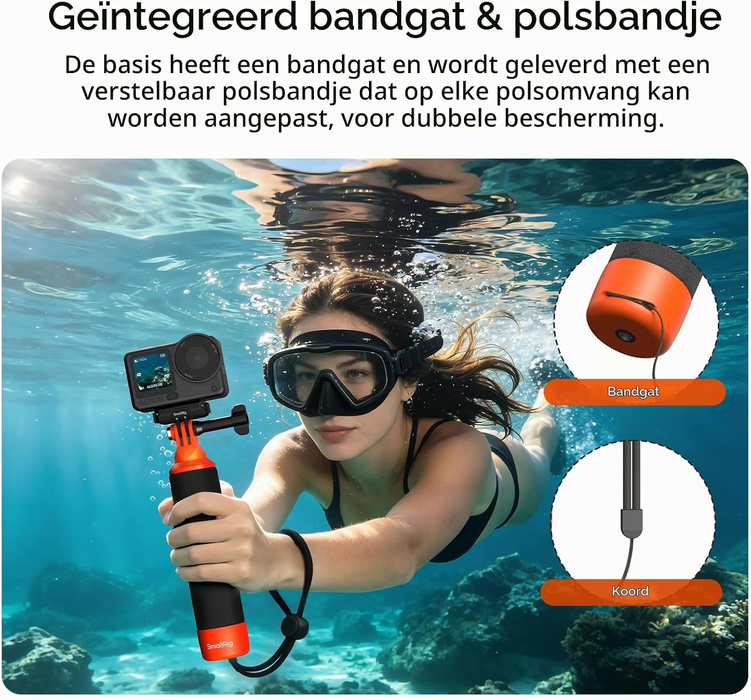 Detalle 2 de SMALLRIG 6152 drijvende actiecamera-handgreep met polsband en oranje grip