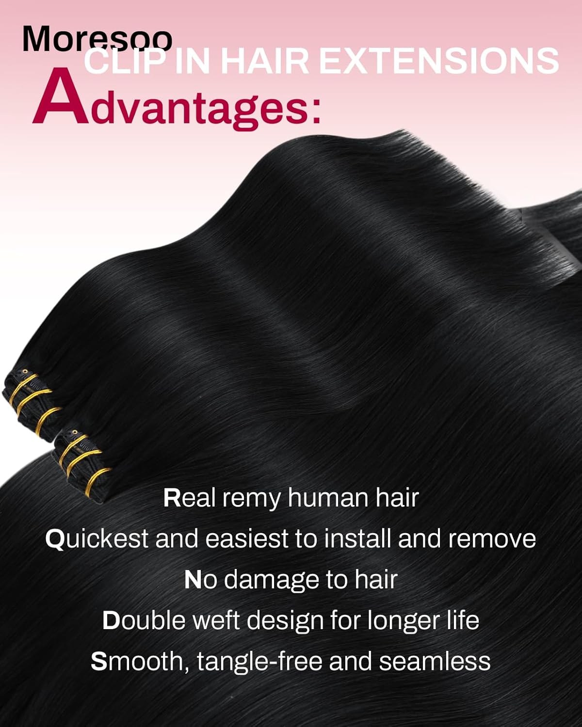 Thumbnail 1 de Moresoo Black Clip-in Hair Extensions Real Human Hair, 120g/7pcs, 20 Inch