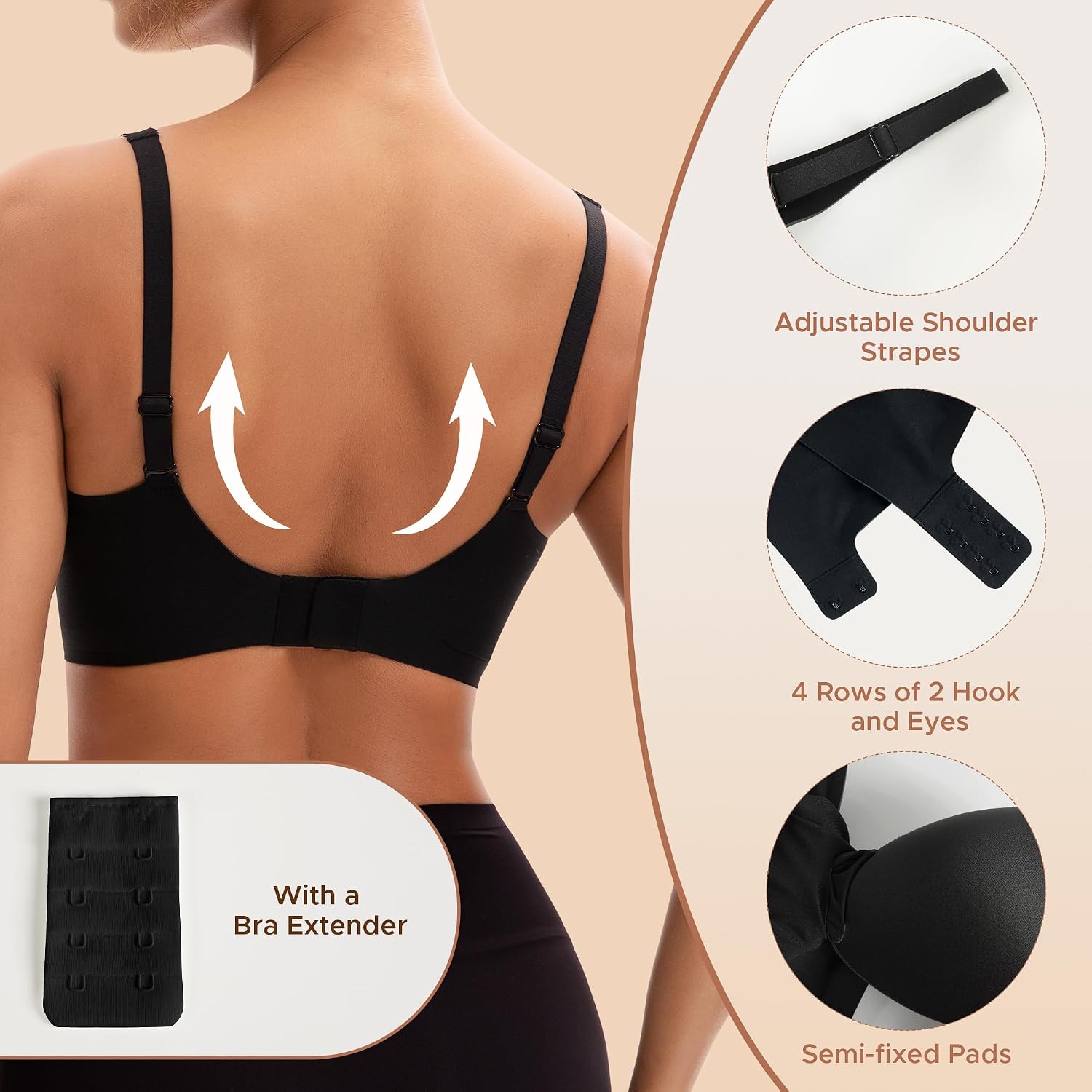Detalle de INNERSY Seamless Comfort Non-Wired Padded Bralette with Extender – Everyday V-Neck