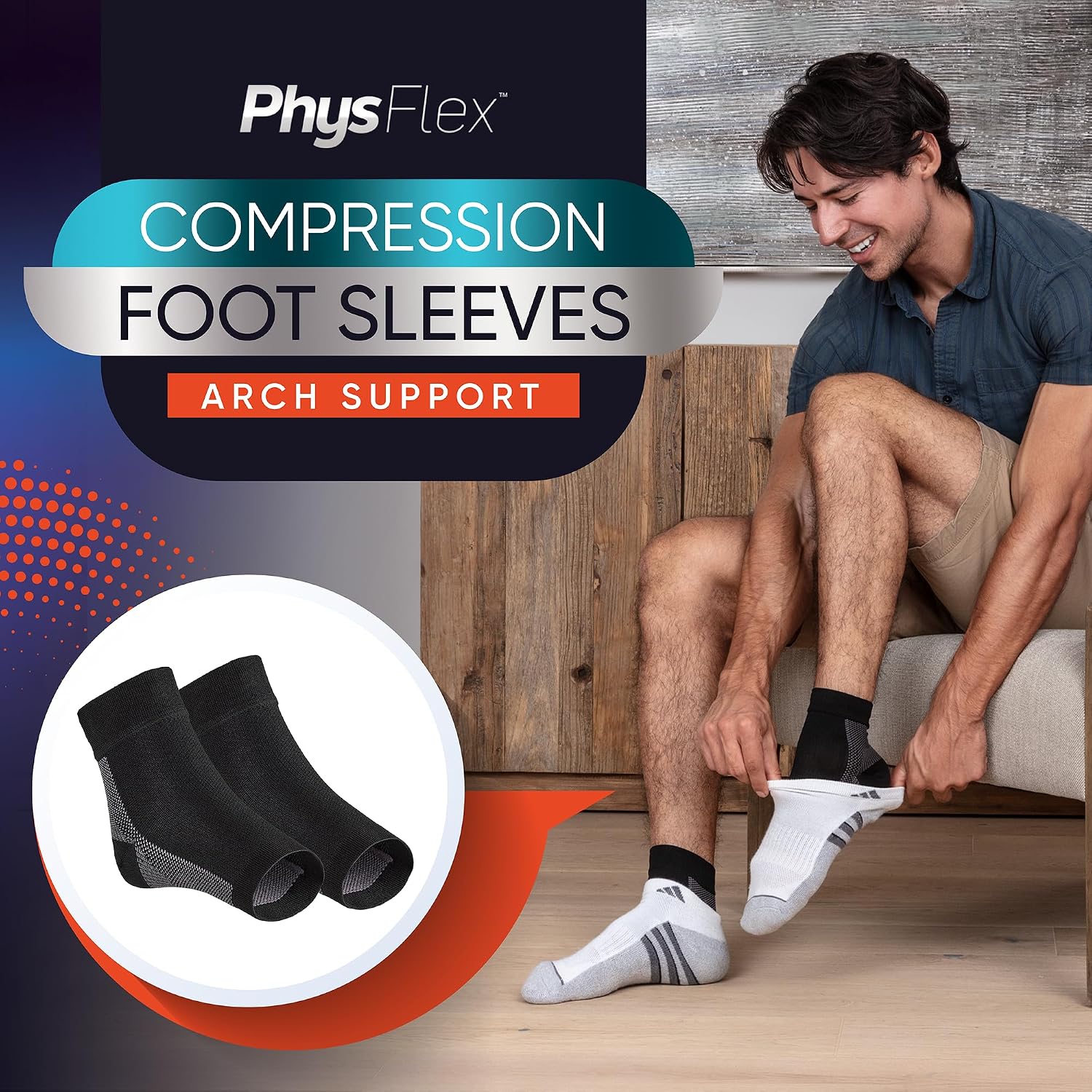 Detalle de PhysFlex Compression Socks, 3 Pairs, Black, 15–20 mmHg Arch Support