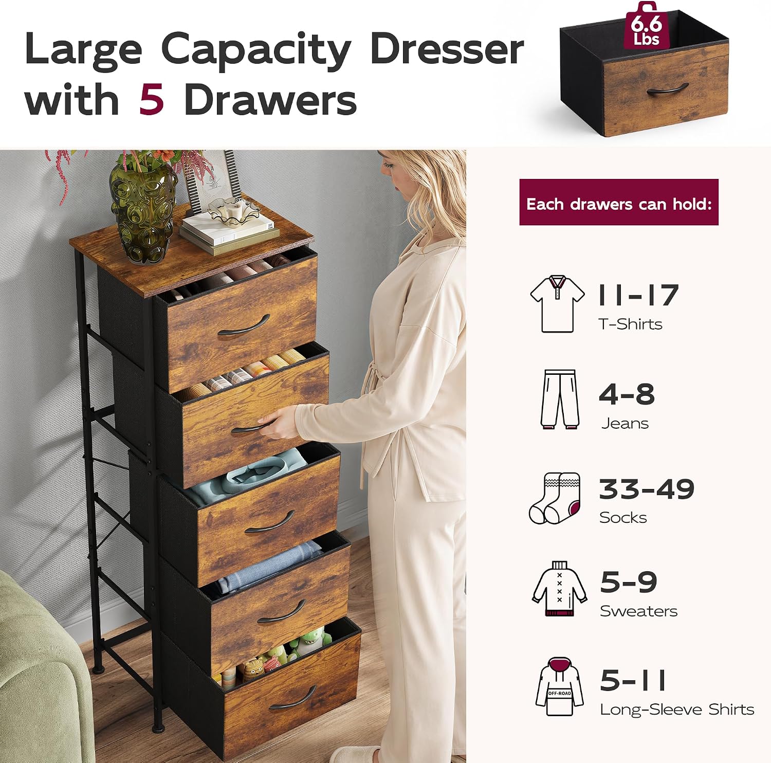 Thumbnail 5 de WLIVE 5-Drawer Fabric Dresser 47.5"
