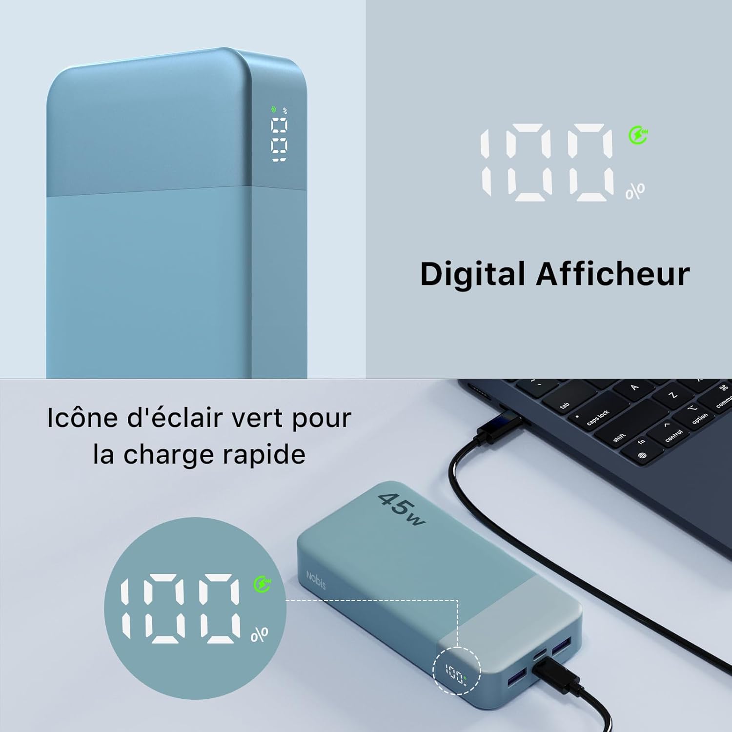 Thumbnail 5 de Nobis Batterie Externe 20000mAh Power Bank 45W – Charge Rapide USB-C In/Out, 4 Ports + affichage LED