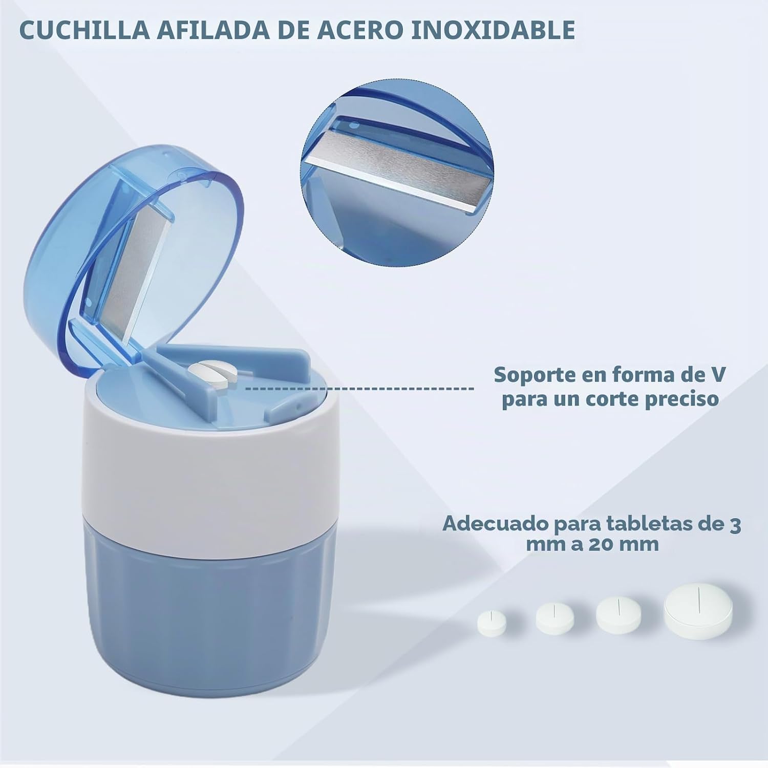 Detalle de KQDRAVINE Triturador de Pastillas 3-en-1 (Azul) – Cortar, Triturar y Almacenar en un solo dispositivo