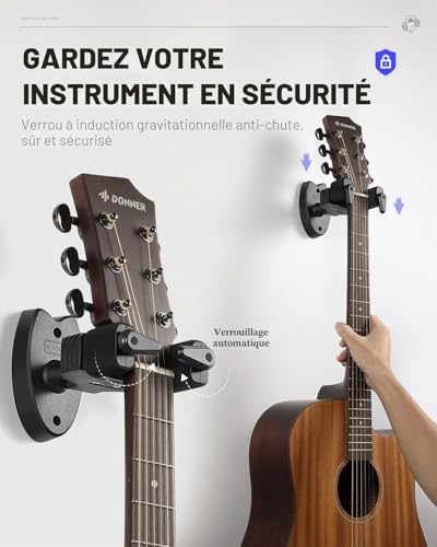Detalle de Donner Support mural pour guitare 2-Pack – Verrouillage automatique et protection EVA