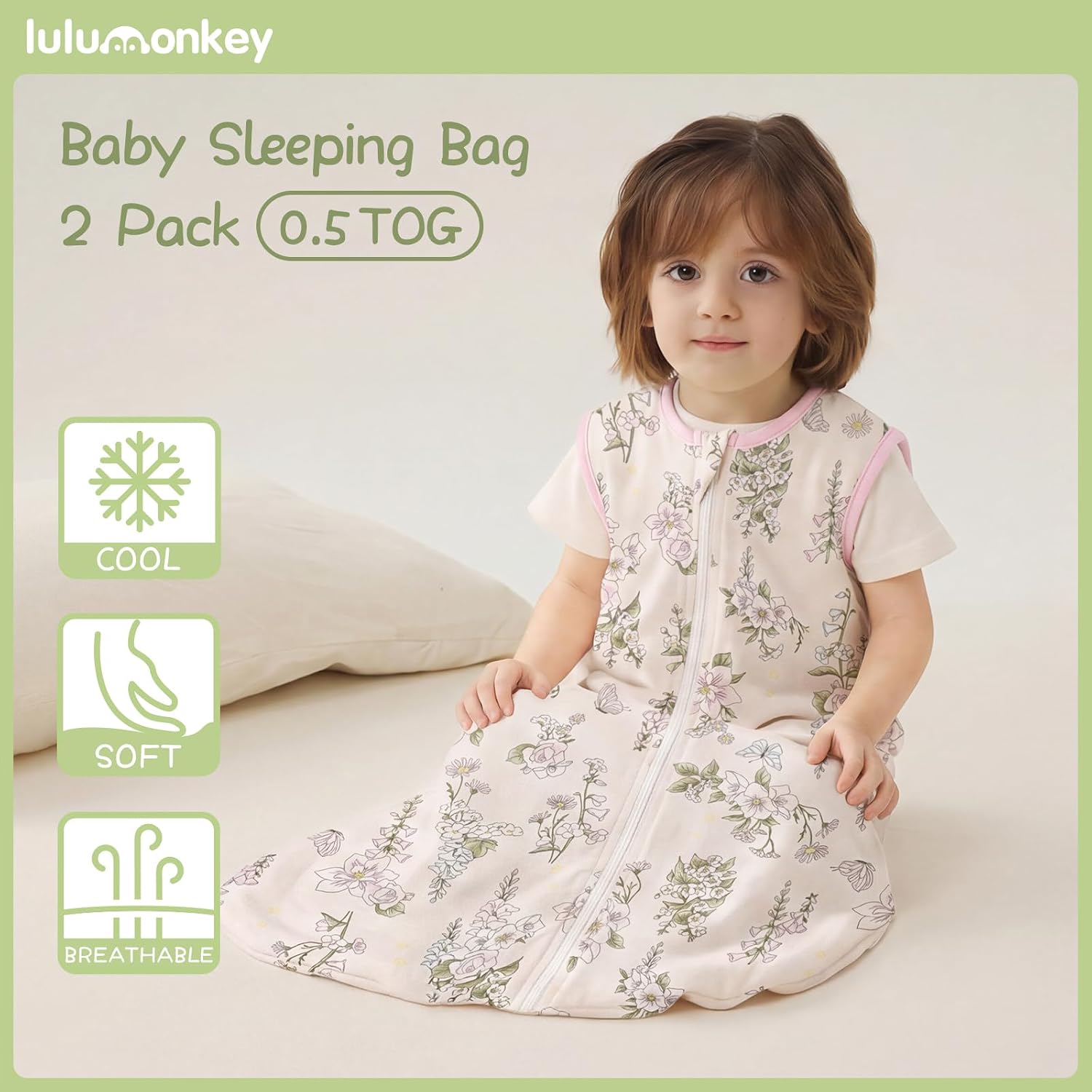 Thumbnail 1 de LULUMONKEY 0.5 Tog Baby Sleeping Bag 18-36 Months (2 Pack) – Soft Cotton Wearable Blanket, Flower
