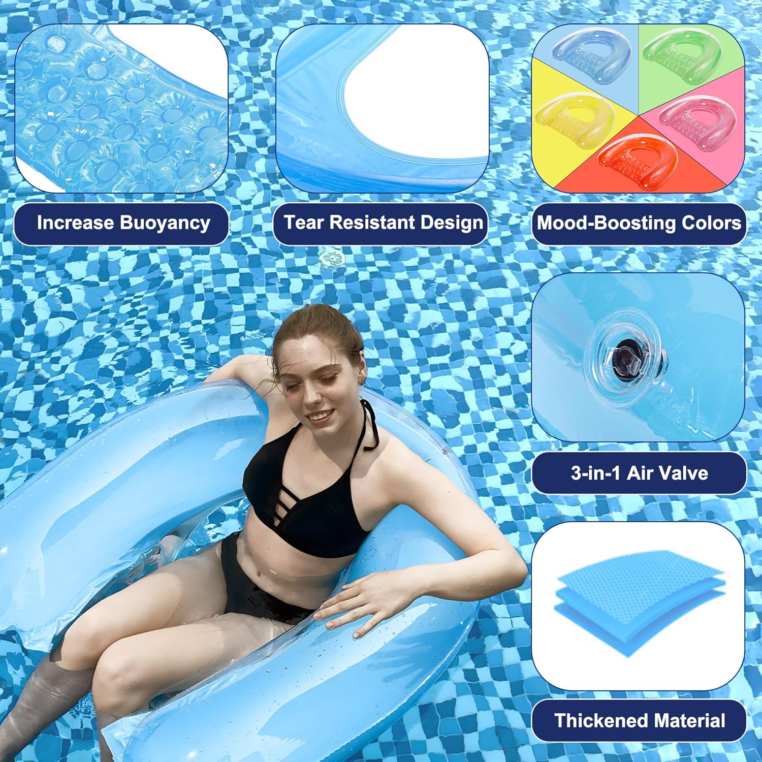Detalle de PuppyuWill 3-Pack Adult Pool Float Chair Loungers (52 x 38 in) — Minimalist U-Shaped Inflatable Pool Floats