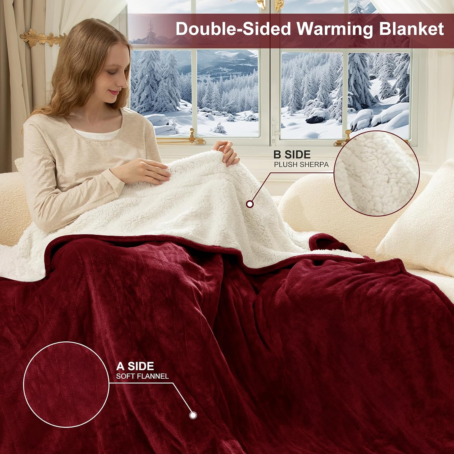 Detalle de FVERWAG TMCX-EB8490 Queen Electric Blanket, Dual Controls, Flannel & Sherpa