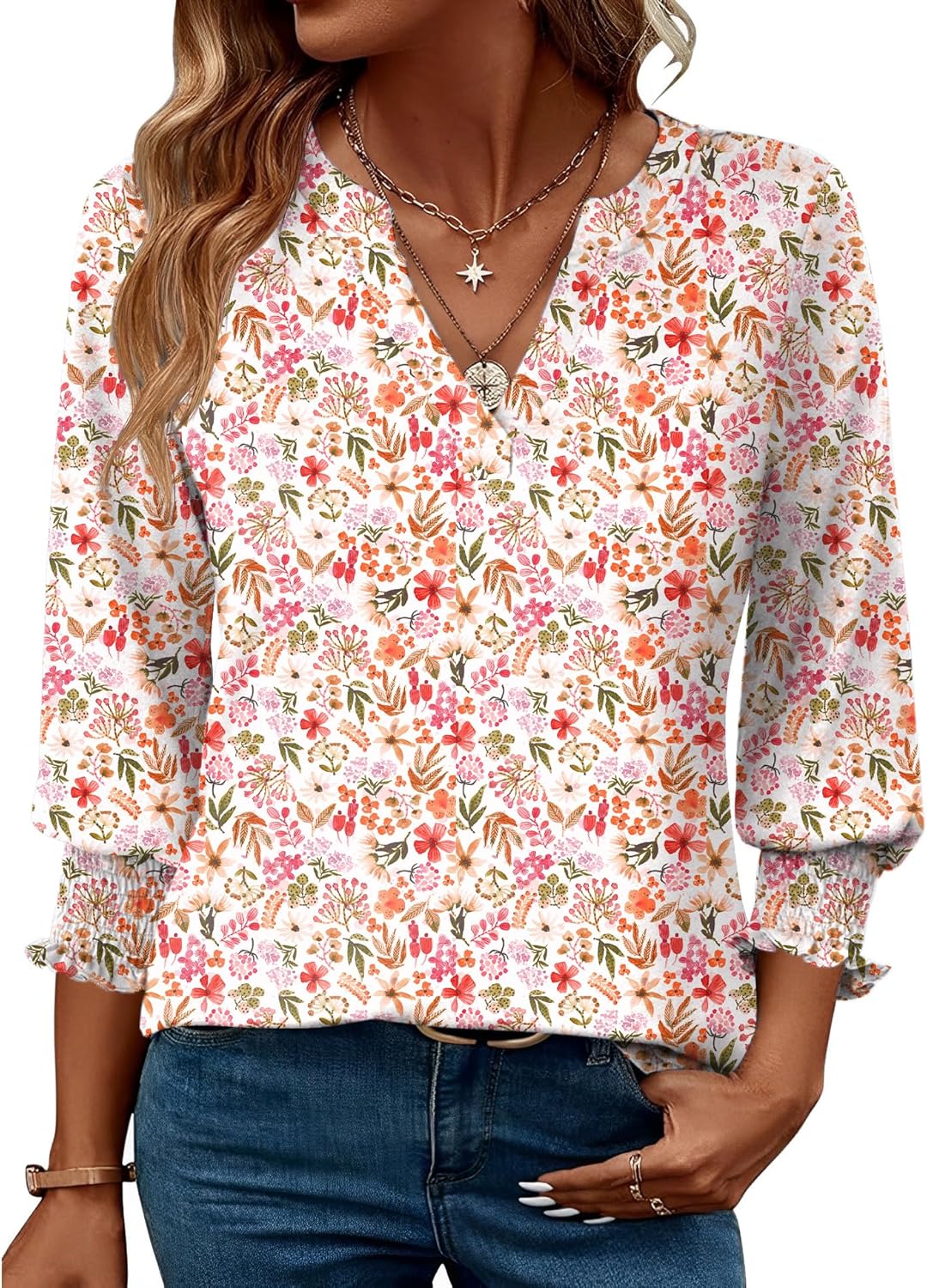 Detalle de Rapbin Damen Bluse 3/4 Arm V-Ausschnitt Tunika – Sommer Tops, Lockeres Shirt, Elegant & Lässig (2026)