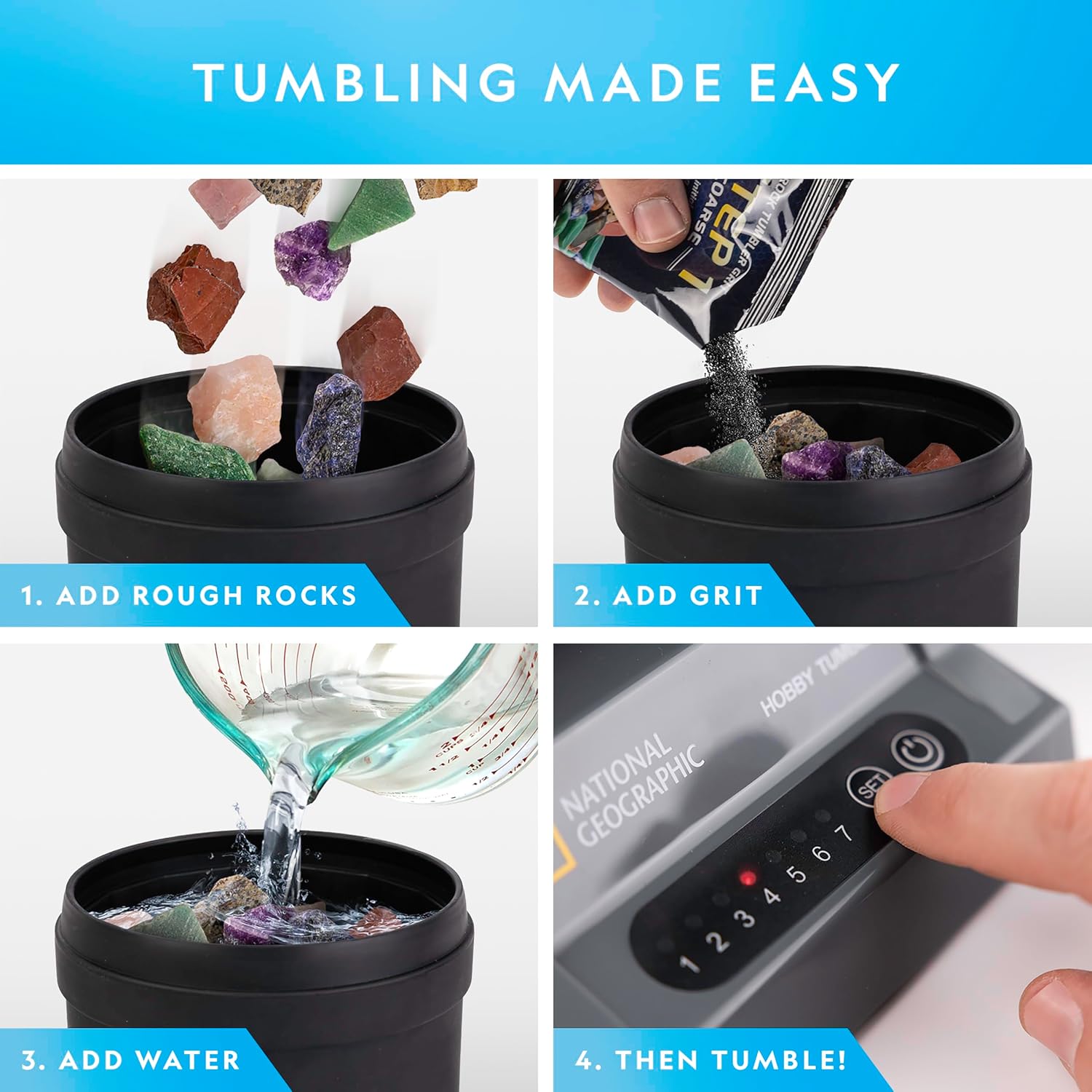 Detalle 2 de National Geographic Rock Polishing Kit (Amateur Edition) STEM tumbler set with rough gemstones and polishing grits