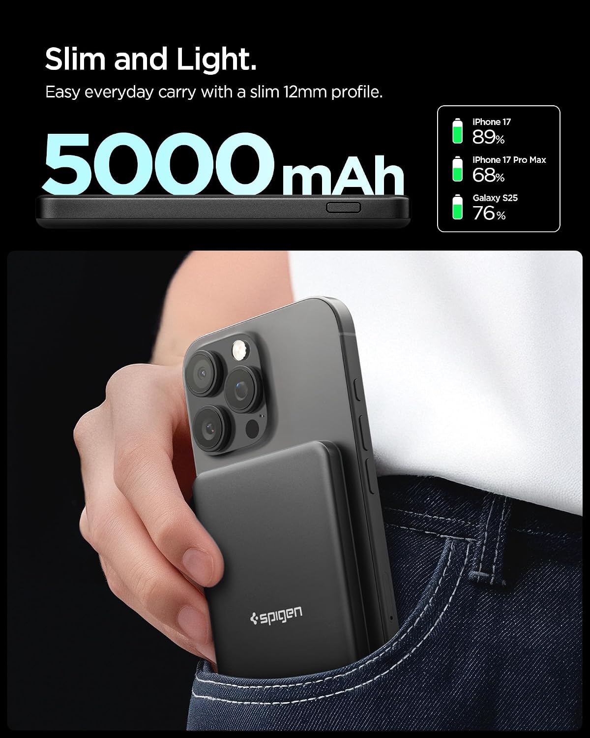 Detalle 2 de Spigen Essential Qi2 Power Bank Wireless 5.000 mAh da 22,5W con MagSafe (Qi2) – Nero