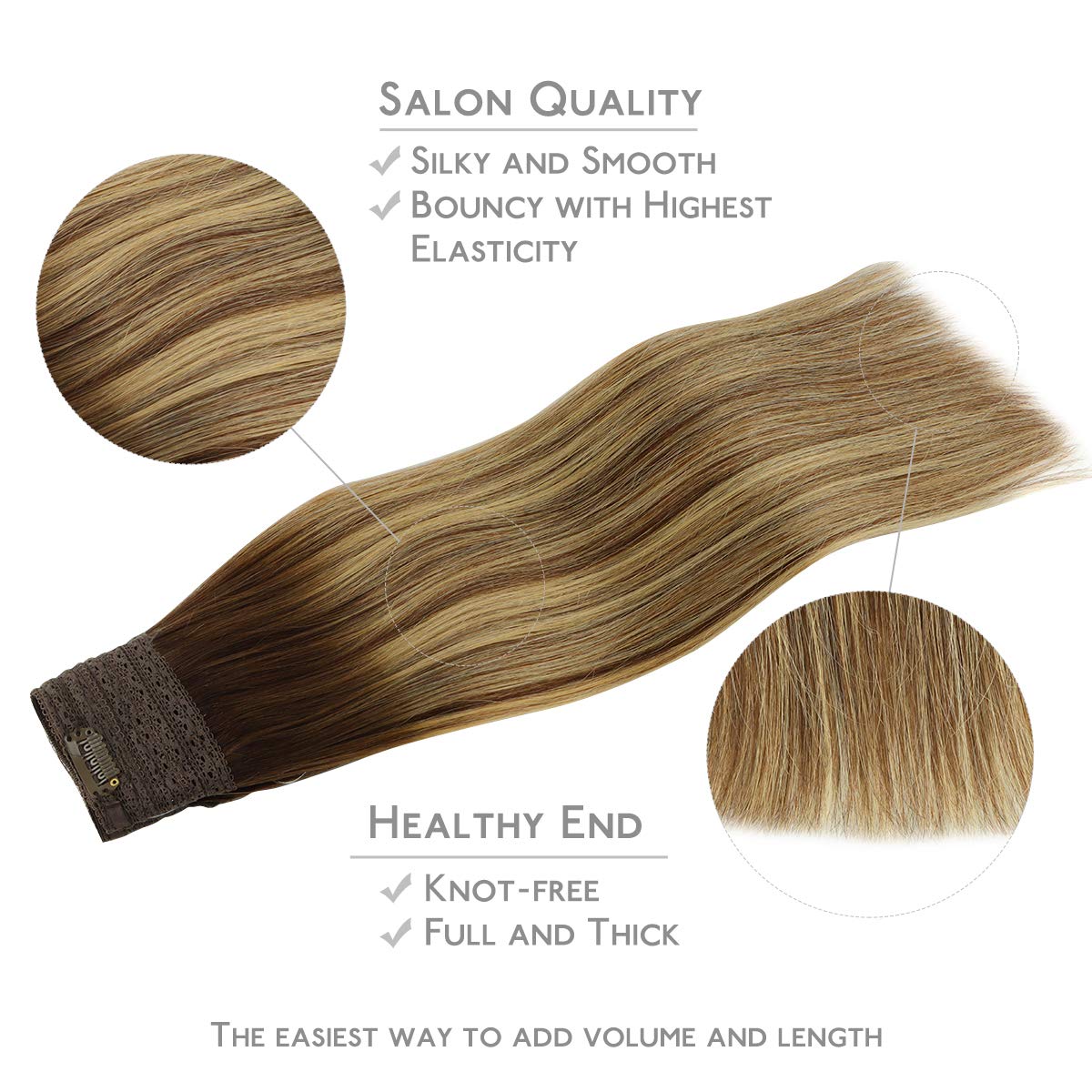 Detalle de WENNALIFE Real Human Hair Wire Extensions, 22 inch, 120g, Balayage Chocolate Brown to Honey Blonde
