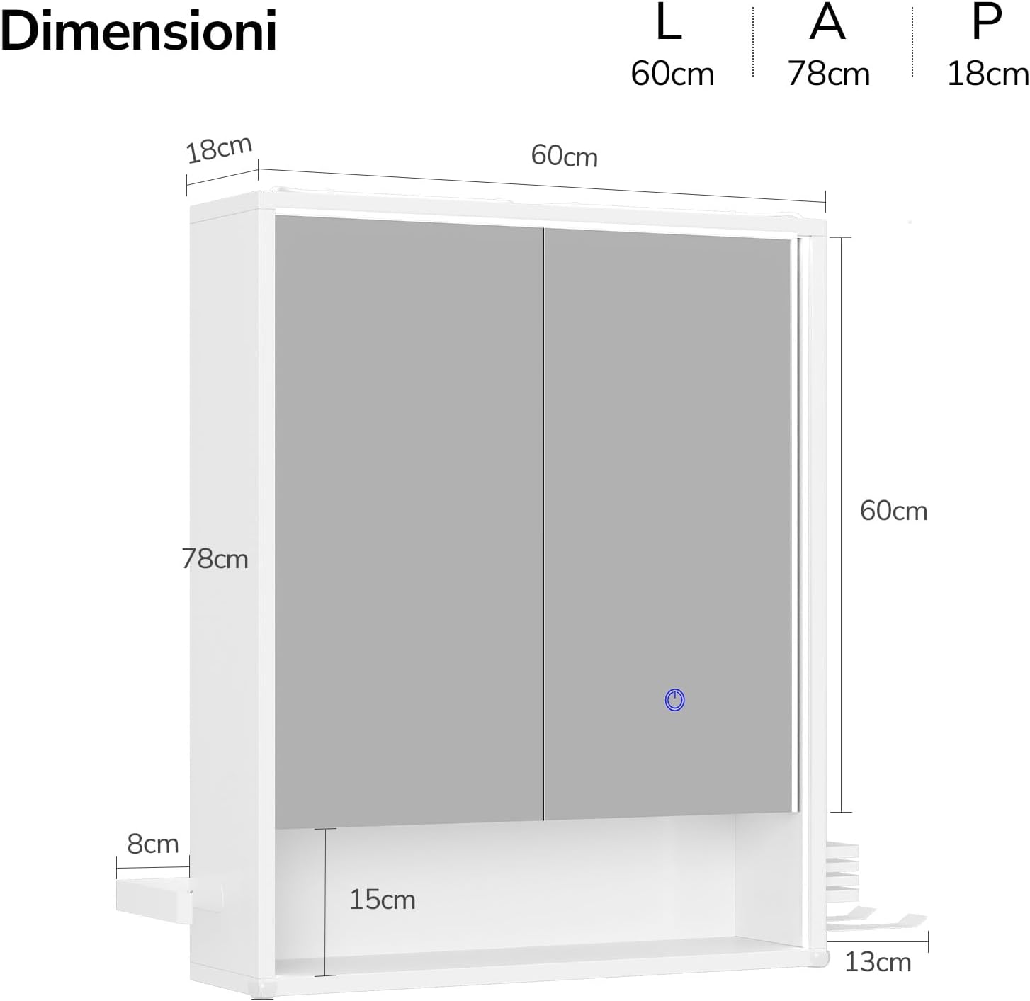 Thumbnail 1 de mojiasion Specchio Bagno Contenitore 60x78x18 cm con Luce LED 3 Lati, Touch, USB e Porta asciugacapelli/Asciugamani