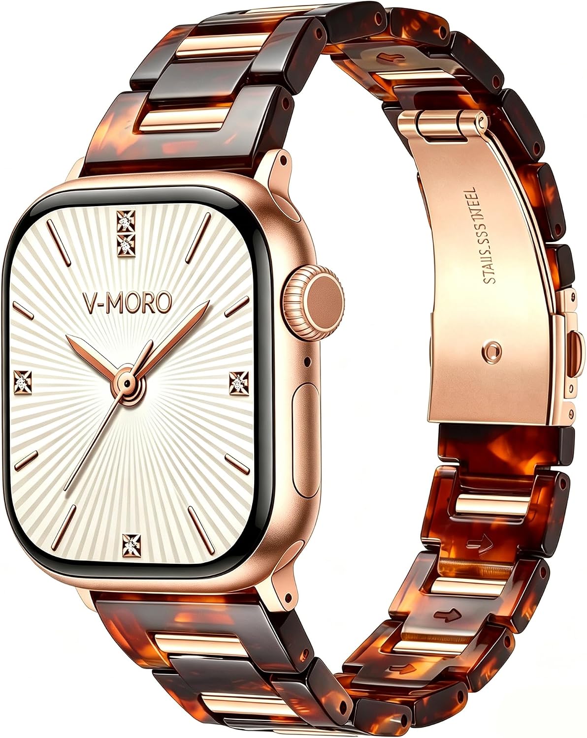 Detalle de V-MORO Resin Band for Apple Watch (42mm/41mm/40mm/38mm) — Rose Gold Inlay, Lightweight Hybrid Band