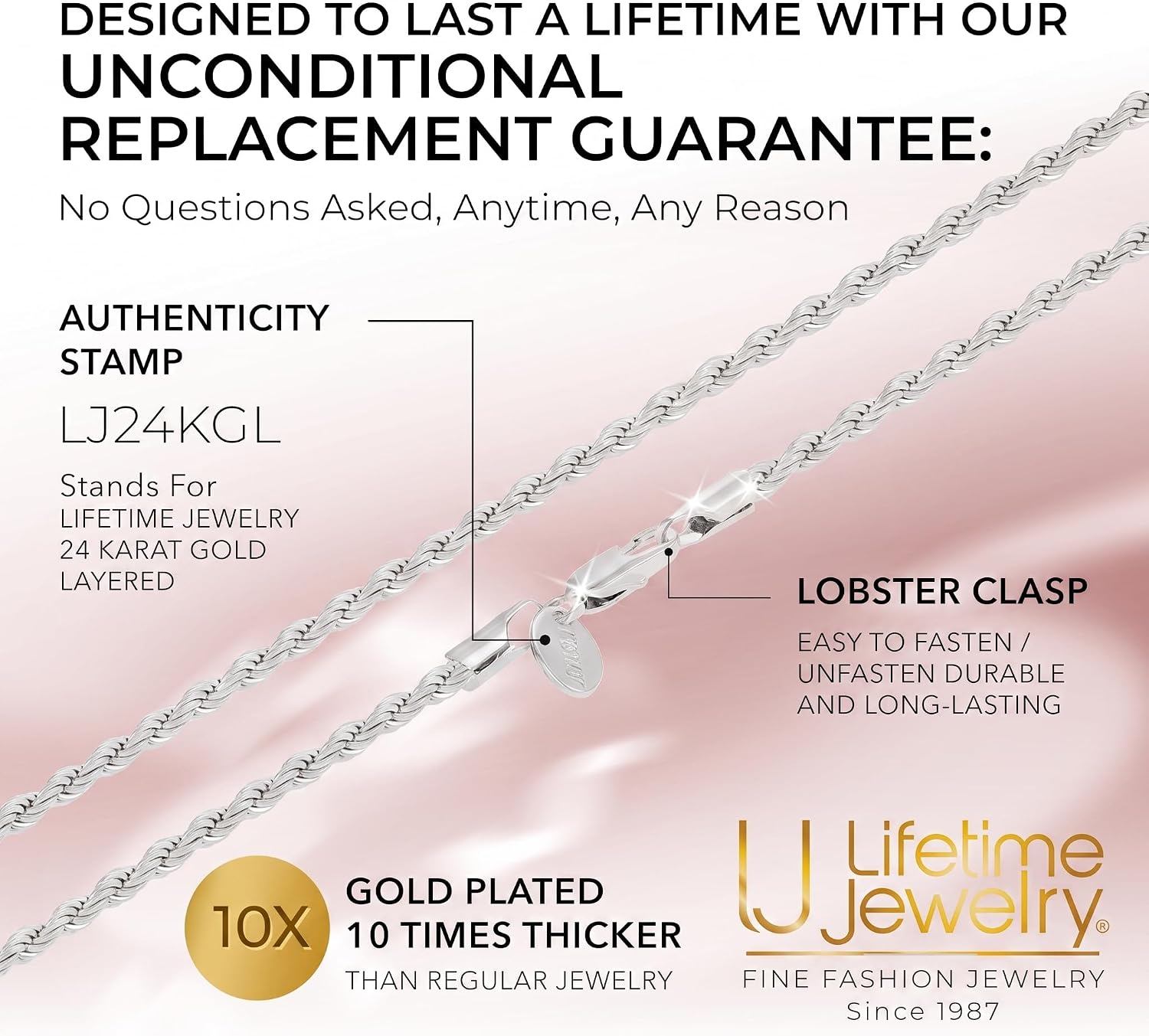 Detalle de LIFETIME JEWELRY 3mm 24K Gold-Plated Diamond-Cut Rope Chain