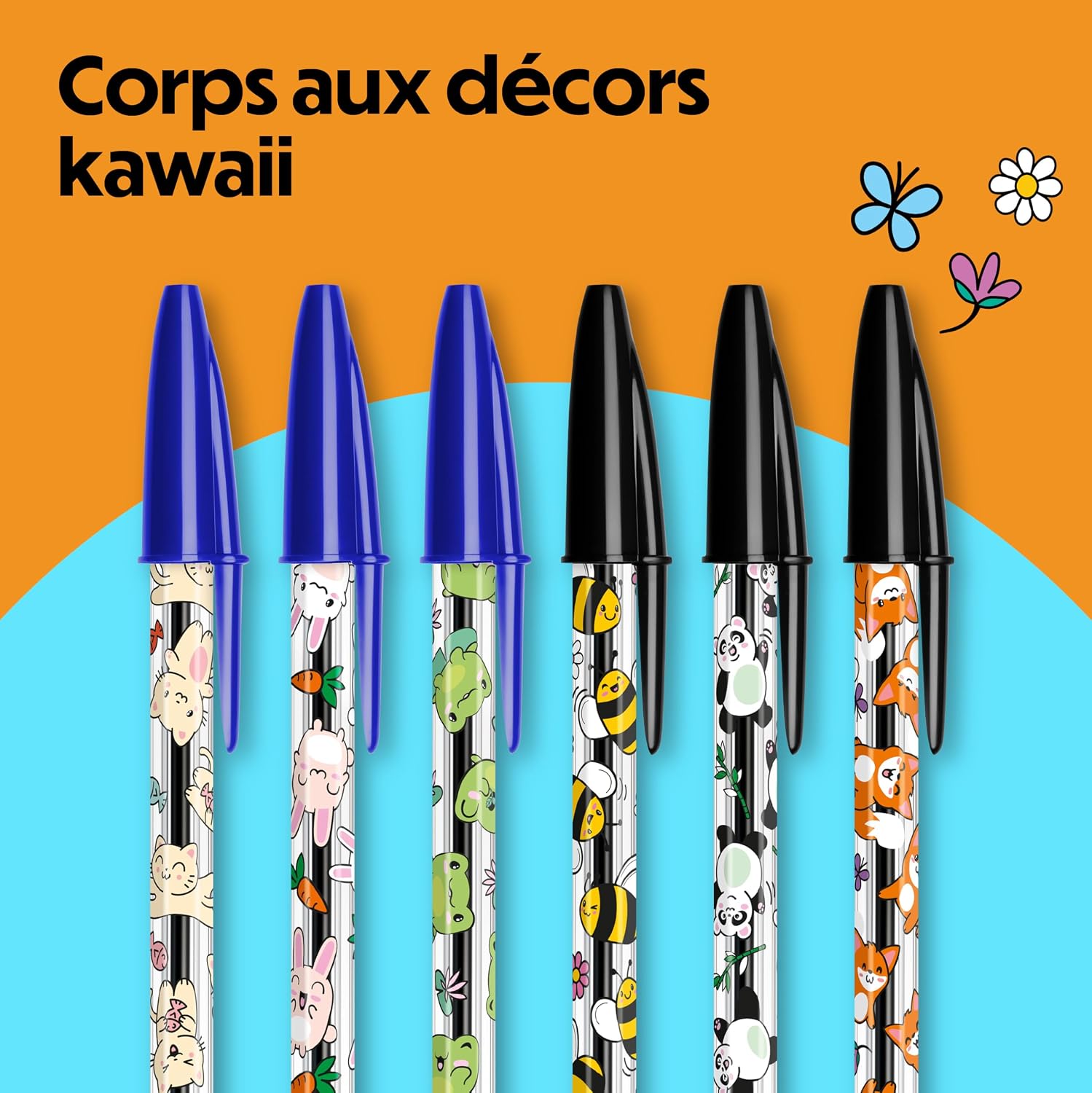 Detalle de BIC Cristal Décors Kawaii – Stylos-bille à pointe moyenne (1,00 mm), Bleu et Noir, Pack de 8