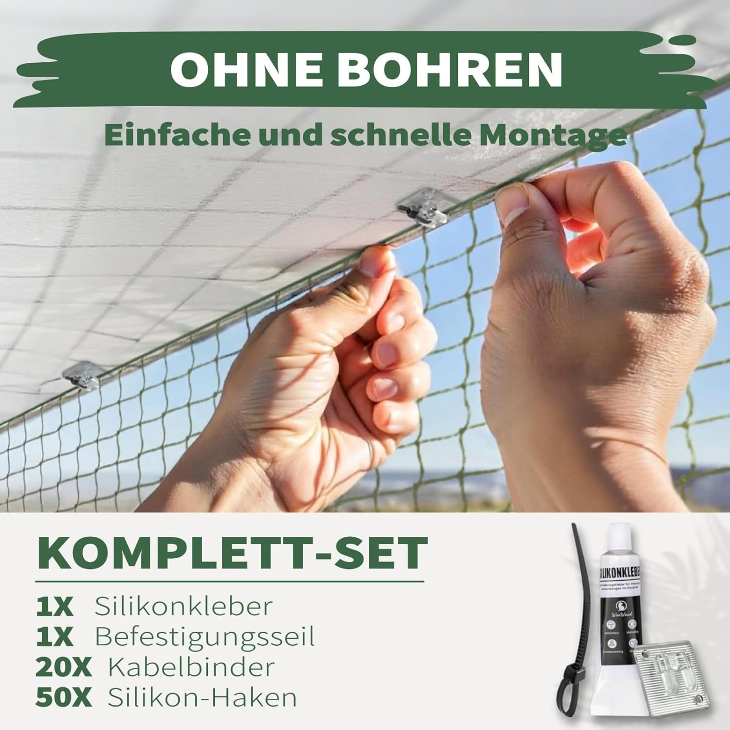Thumbnail 4 de WOOWOOD Katzennetz für Balkon (ohne Bohren) – drahtverstärkt, wetterfest, mit Klebehaken & Silikonkleber, 4x3 m