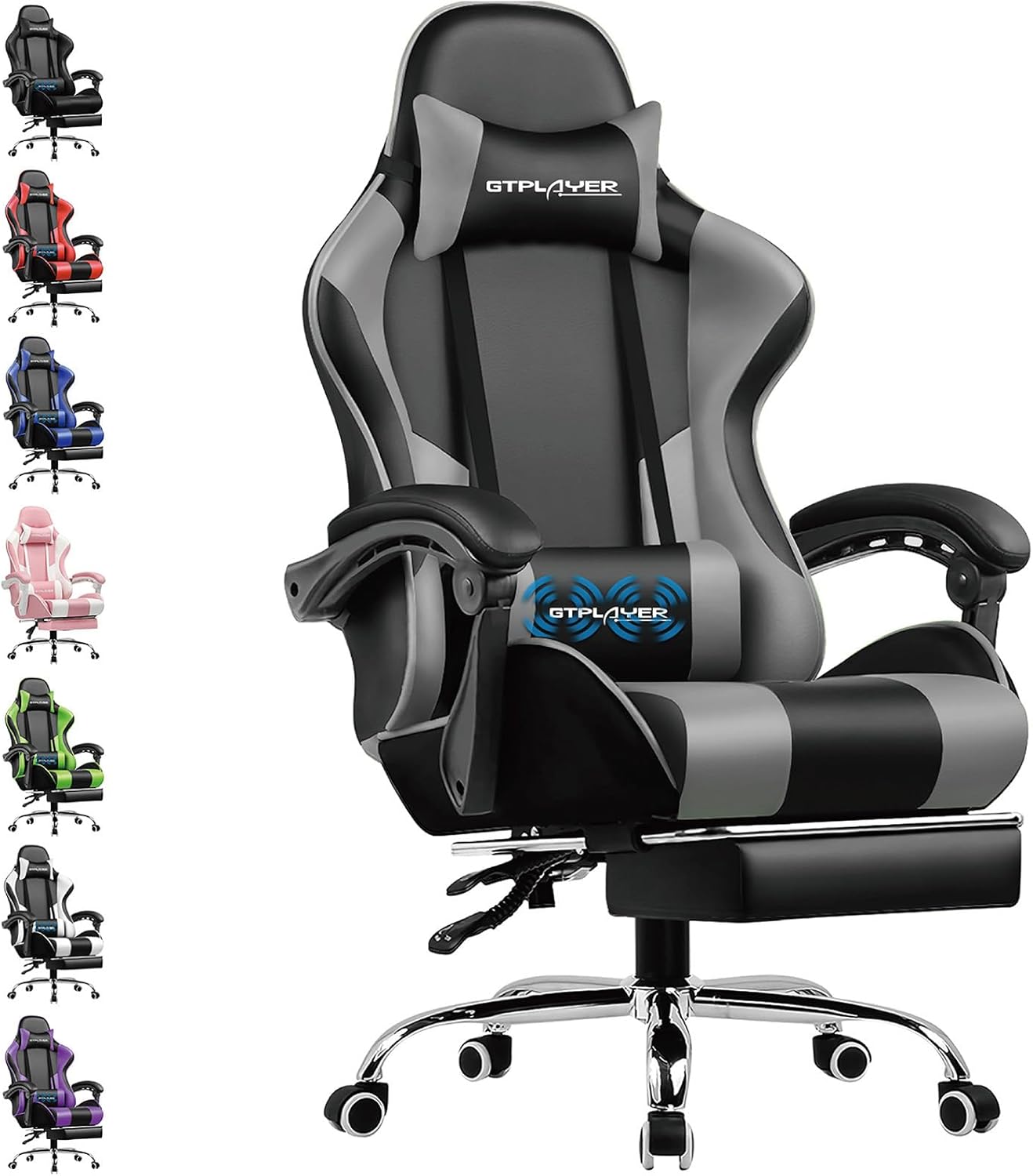 GTPLAYER Chaise de jeu ergonomique pivotante avec appuie-tête, coussin lombaire et repose-pieds (jusqu’à 150 kg) – Gris
