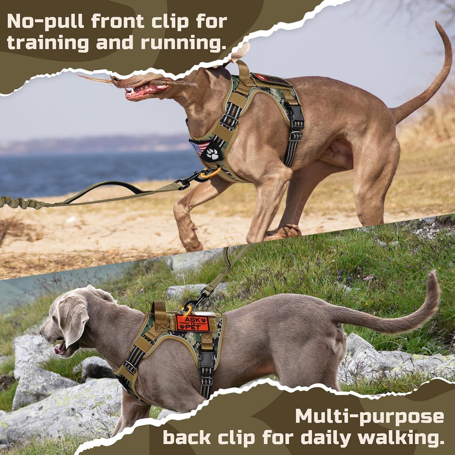 Detalle de rabbitgoo Large Dog Tactical No-Pull Harness with Molle Panel (Brown Camo) – Adjustable, Reflective Control Handle, Size L