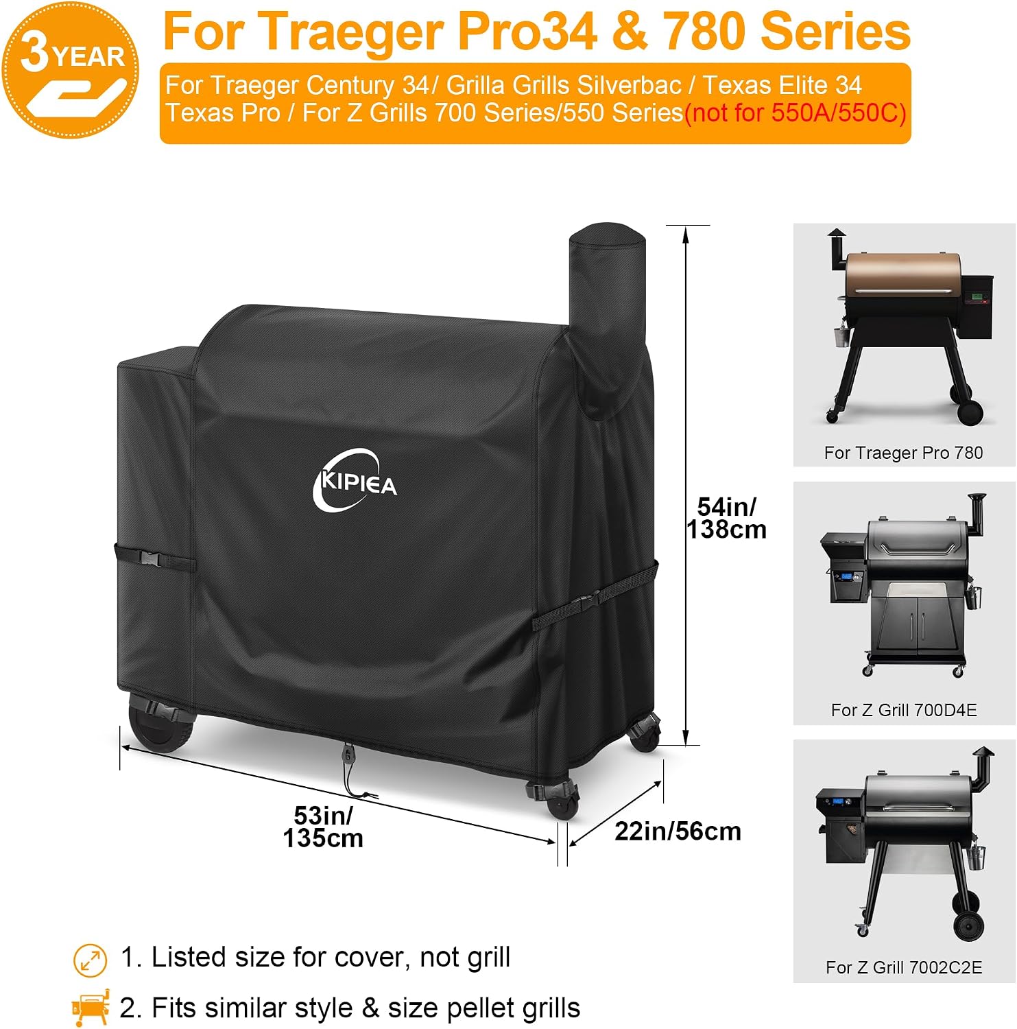Detalle 2 de Kipiea 53"W X 22"D X 54"H BBQ Cover for Traeger Pro 34 & 780, 500D Oxford
