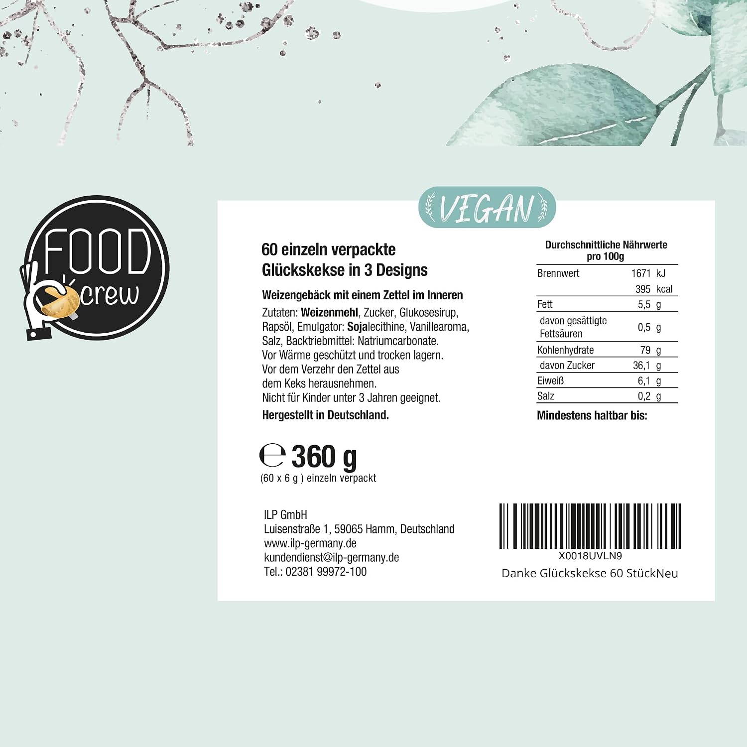 Detalle 2 de FOOD crew 60 Glückskekse „Danke“ – vegane Glückskekse in Geschenkbox, einzeln verpackt
