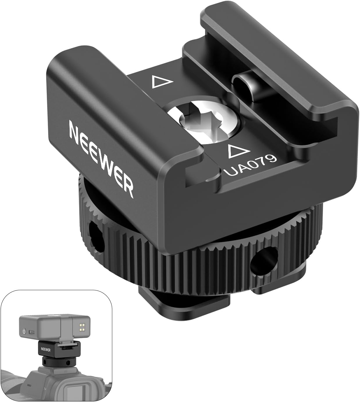 Detalle de NEEWER Adattatore Cold Shoe UA079 per ricevitori microfono wireless (DJI Mic 2 / Rode Wireless GO II / Saramonic / NEEWER) con contatto offset