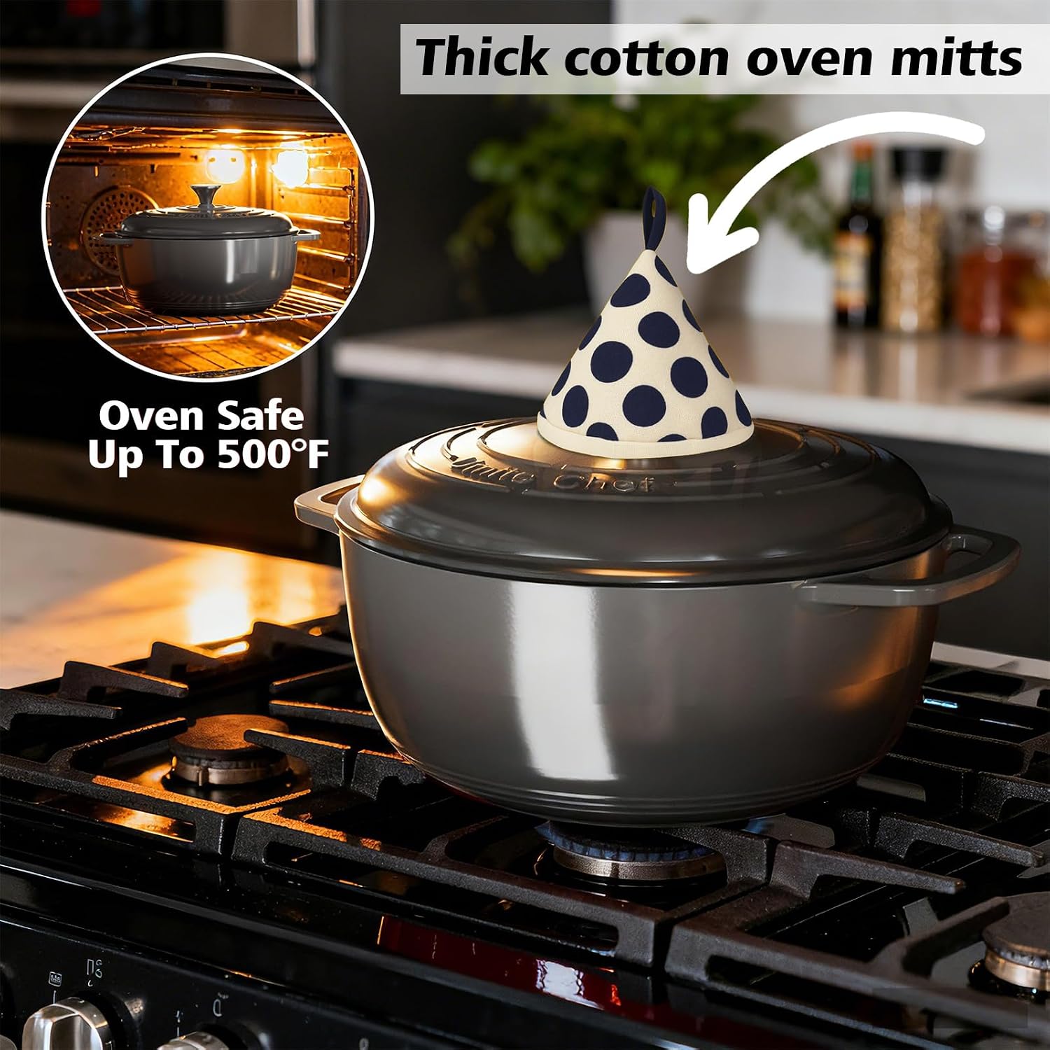 Detalle 2 de Umite Chef 6QT Enameled Cast Iron Dutch Oven with Lid & Cotton Potholders (Grey)