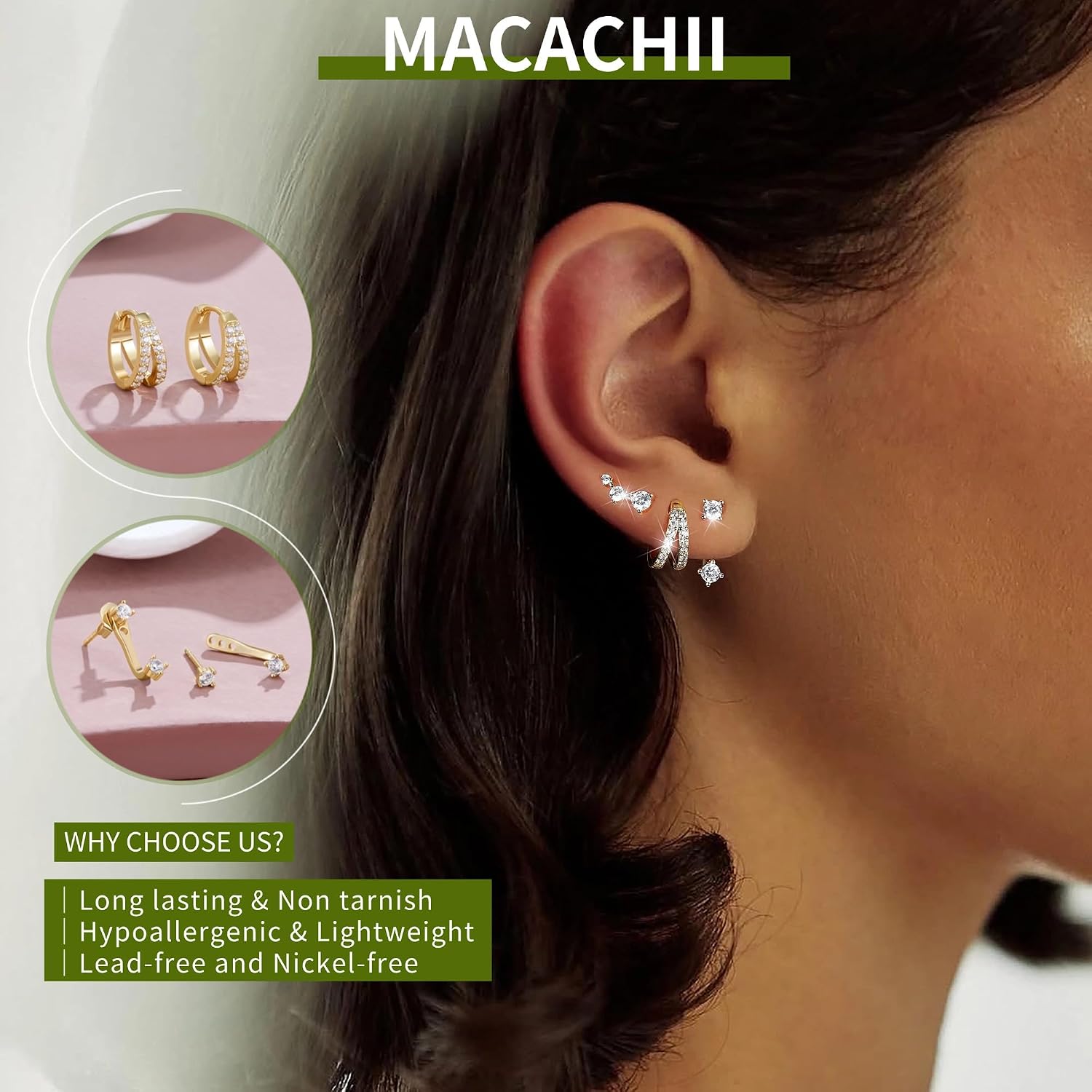 Thumbnail 2 de MACACHII 3-Pair Sterling Silver & 14K Gold Plated Earrings Set for Women