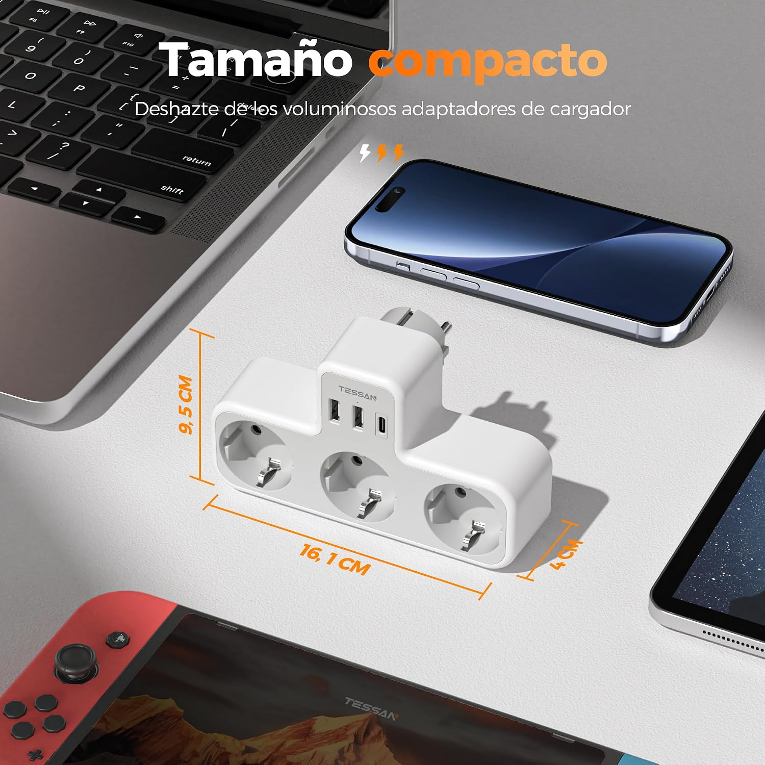 Detalle 1 de TESSAN Ladron Enchufes Plano 6 en 1 con USB ⚡