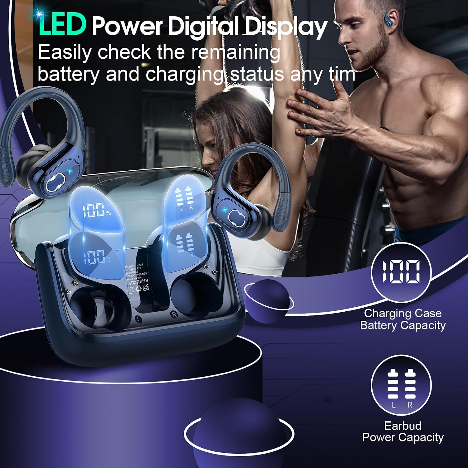 Detalle de Aptkdoe HD65 Sport Earbuds with Earhooks, 75-Hour Playtime and IPX7