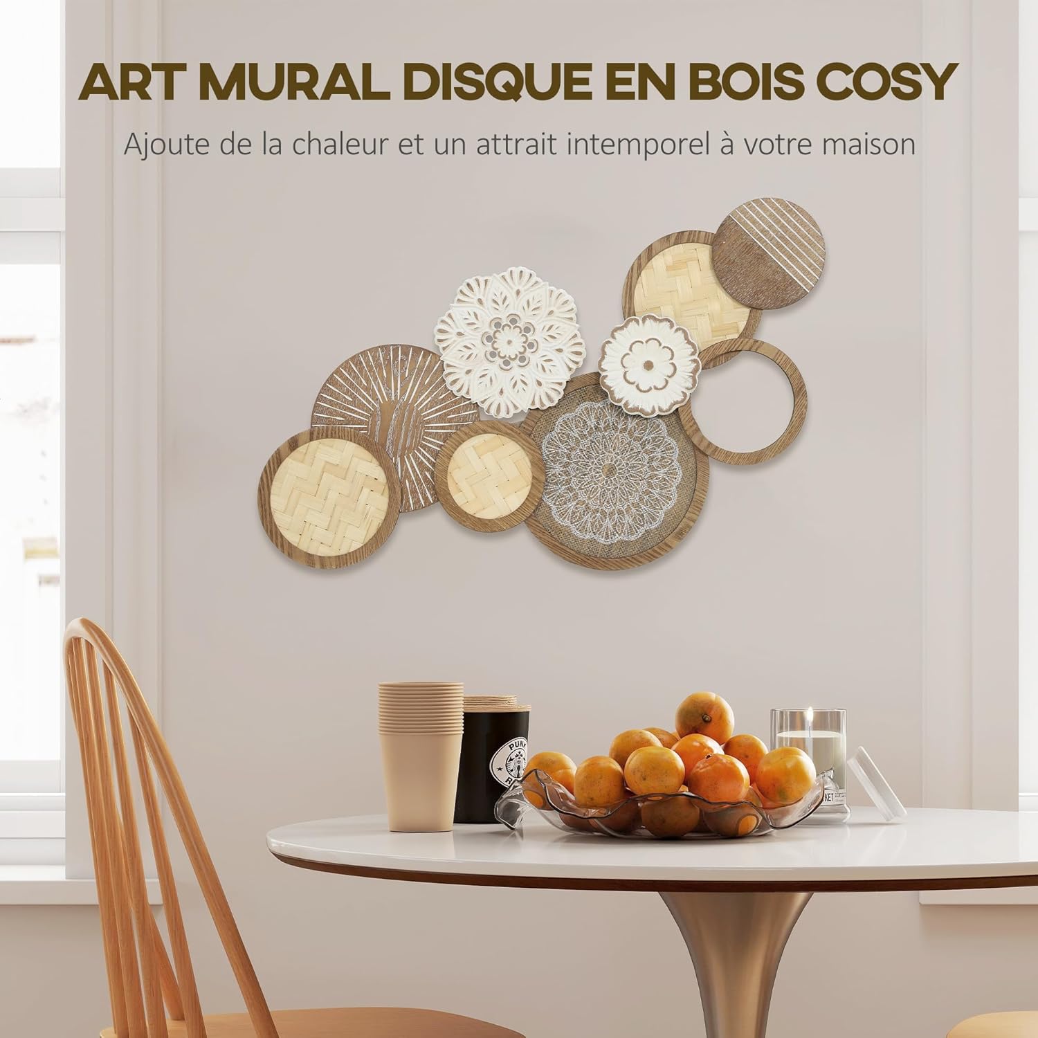 Thumbnail 2 de HOMCOM Décoration murale en bois moderne – sculpture géométrique à disques, 83,8 × 44,5 cm, bois naturel