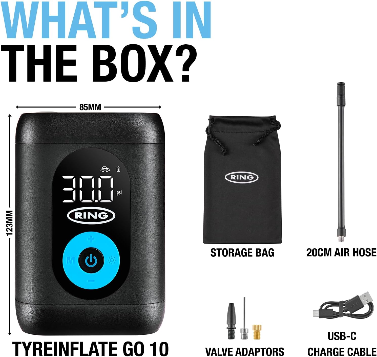 Thumbnail 1 de Ring TyreInflate GO 10 Compact Cordless Tyre Inflator – Digital PSI/Bar/kPA, light & adaptor kit