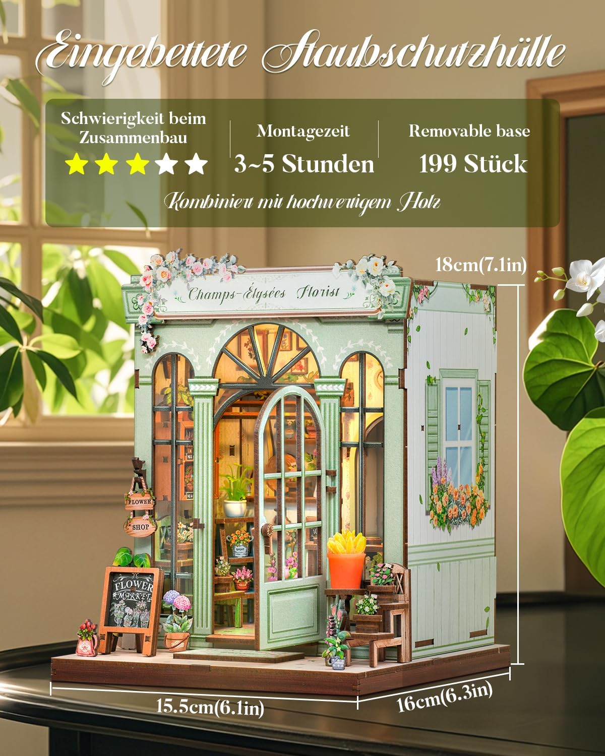 Detalle de Cutefun Book Nook „Champs-Élysées Florist“ – DIY Miniatur-Bausatz für Erwachsene (3D-Holzpuzzle)