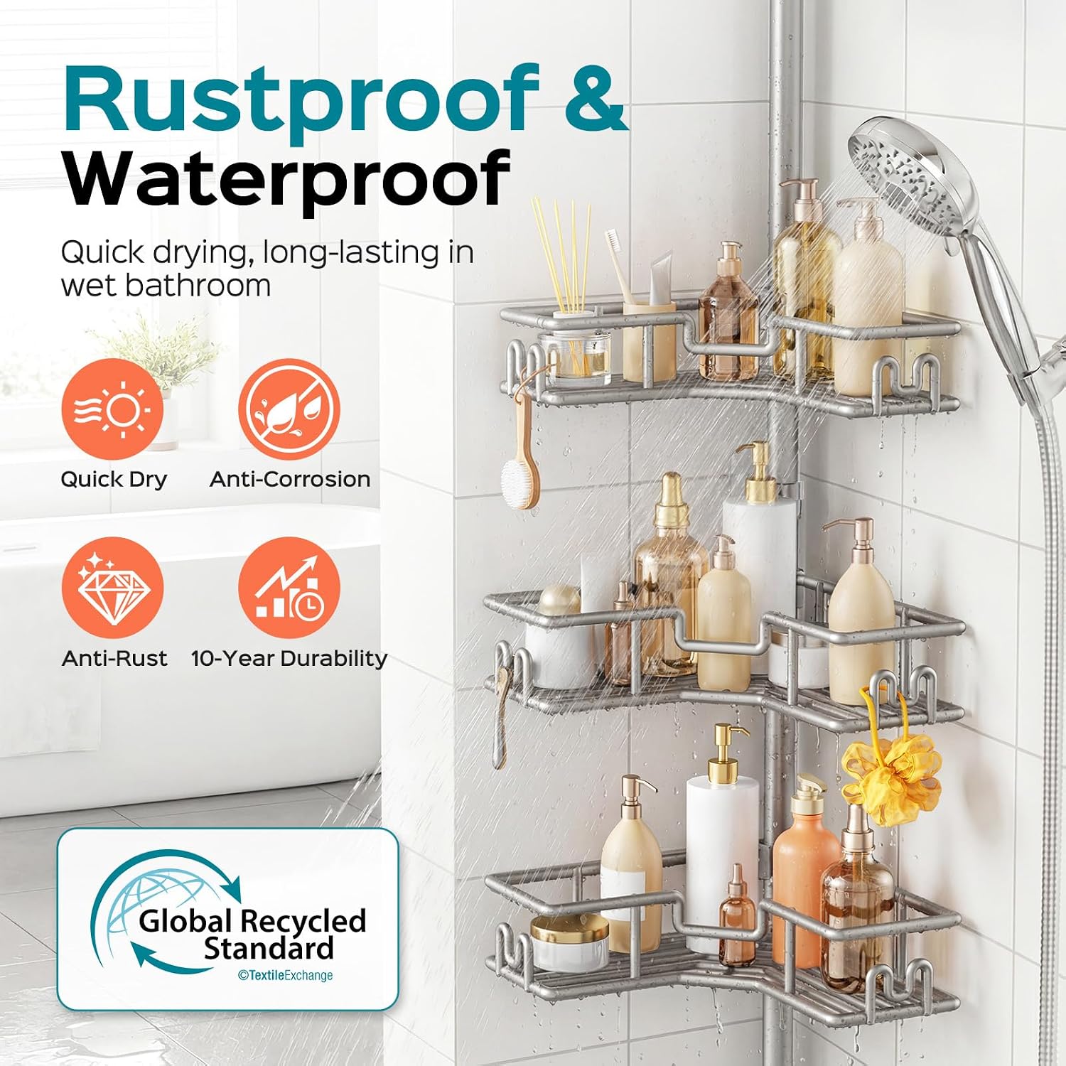 Thumbnail 1 de HAMITOR Telescopic Shower Caddy Corner: 4-Tier No-Drill Rustproof Storage for Renters