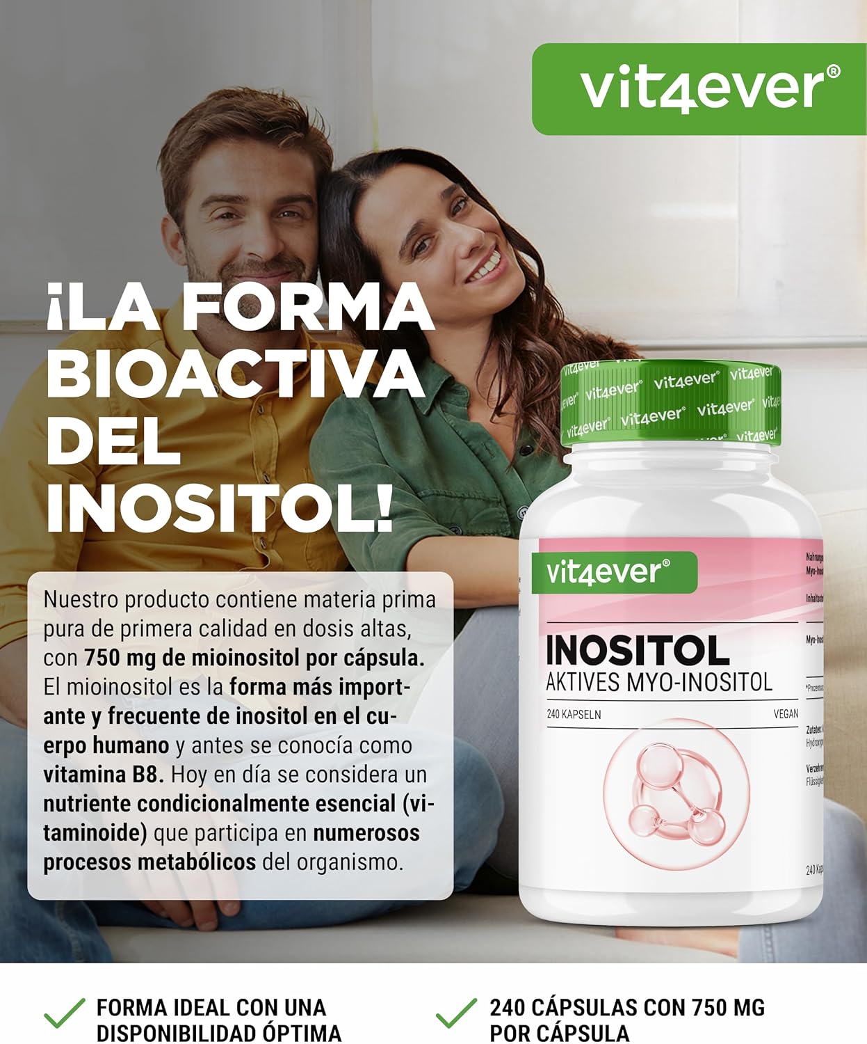 Detalle 2 de Myo-inositol 1500 mg al día 240 cápsulas veganas