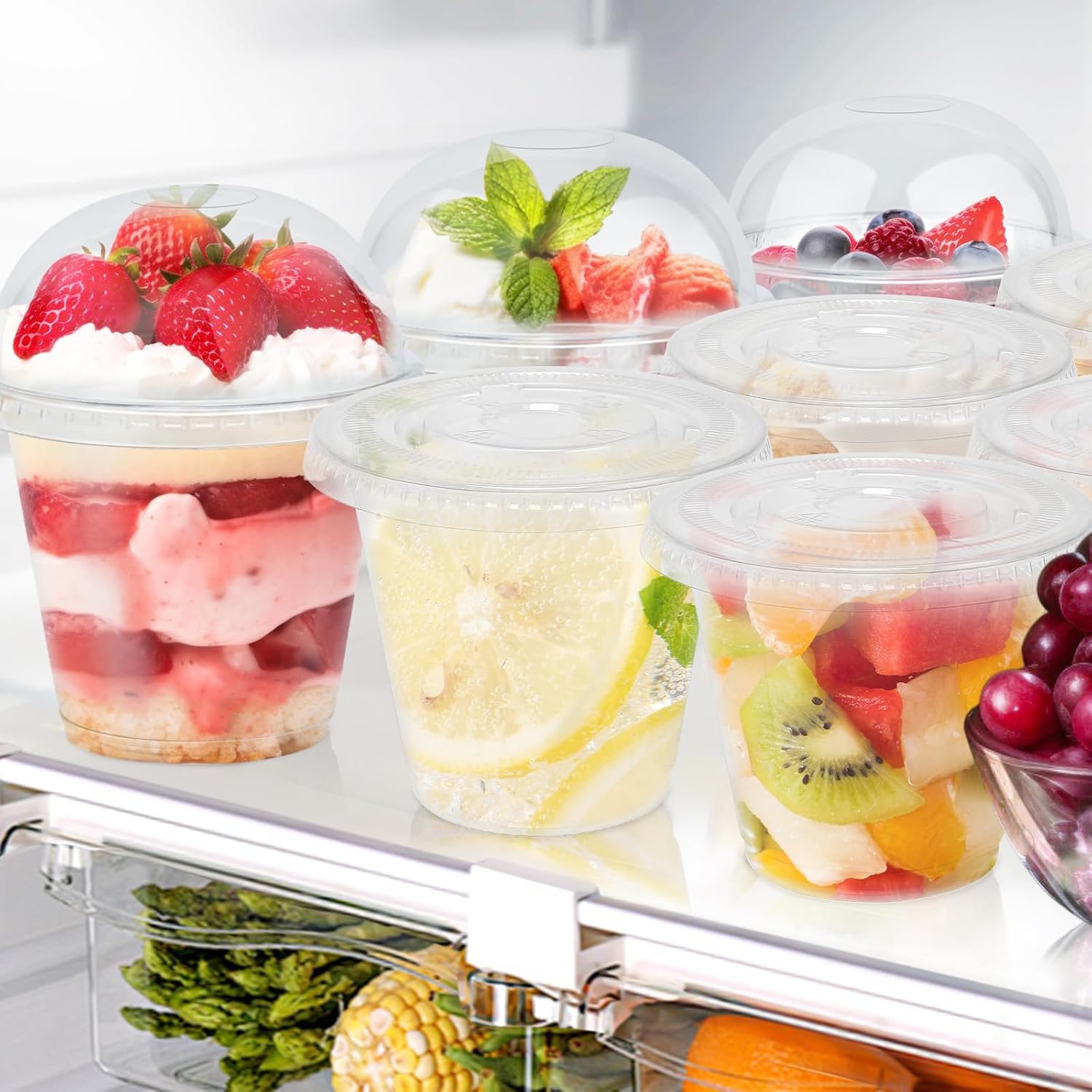 Detalle de Lamosi 100 Pack 9 oz Clear Plastic Cups with Lids (Flat, No Hole) – Ideal for Ice Cream, Cold Drinks, Desserts