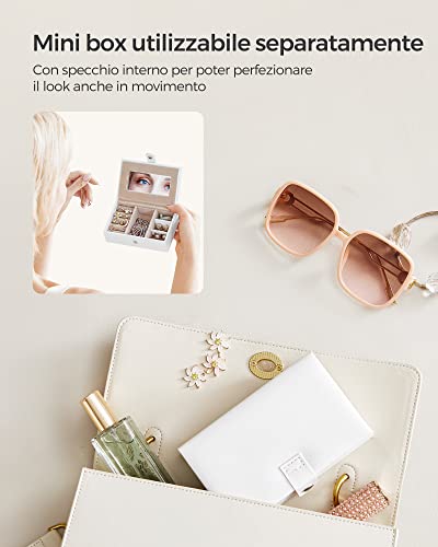Detalle 2 de SONGMICS Scatola Portagioie a 3 livelli – Portagioie con mini box removibile, chiusura a chiave e maniglia frontale, PU Bianco Nuvola / foderato beige
