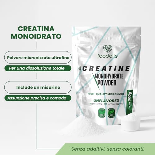 Detalle de Foodelis Creatina Monoidrato Micronizzata in Polvere 300 g – 100 Dosi, Senza Sapore, Alta Solubilità