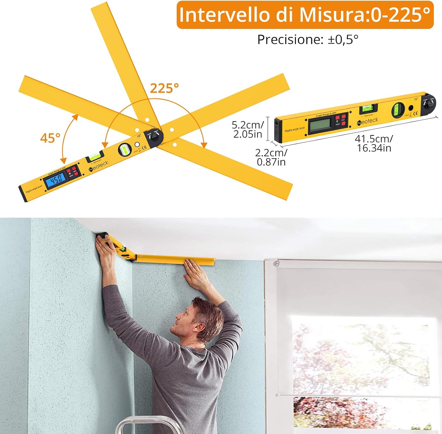 Detalle de Neoteck Digital Angle Finder 400mm/16 pollici: misurazione angoli con LCD retroilluminato