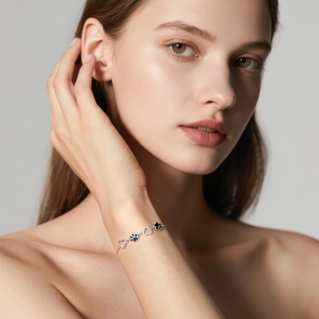 Detalle de Micory Bracelet Femme en Argent Sterling 925 Ajustable – Cœur et Empreinte d’Animaux