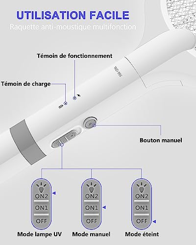 Thumbnail 4 de AOKKR Raquette Électrique Insectes 2 en 1 – UV 4000V, 1800mAh, Base de recharge
