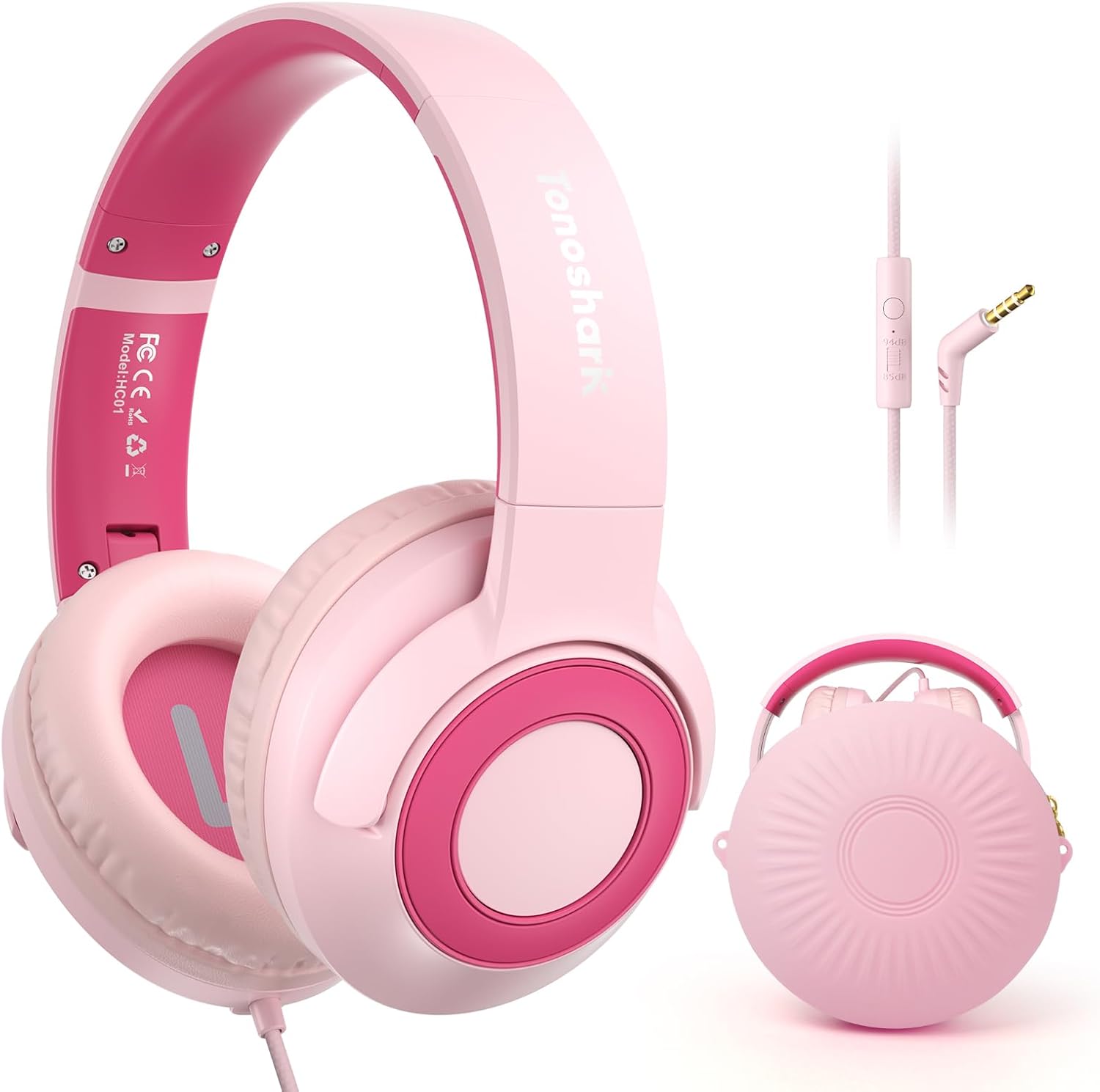 Detalle de TONOSHARK Kinderkopfhörer mit Kabel klappbar (3,5-mm-Klinke), Mikrofon, Gehörschutz 85/94 dB – Rosa