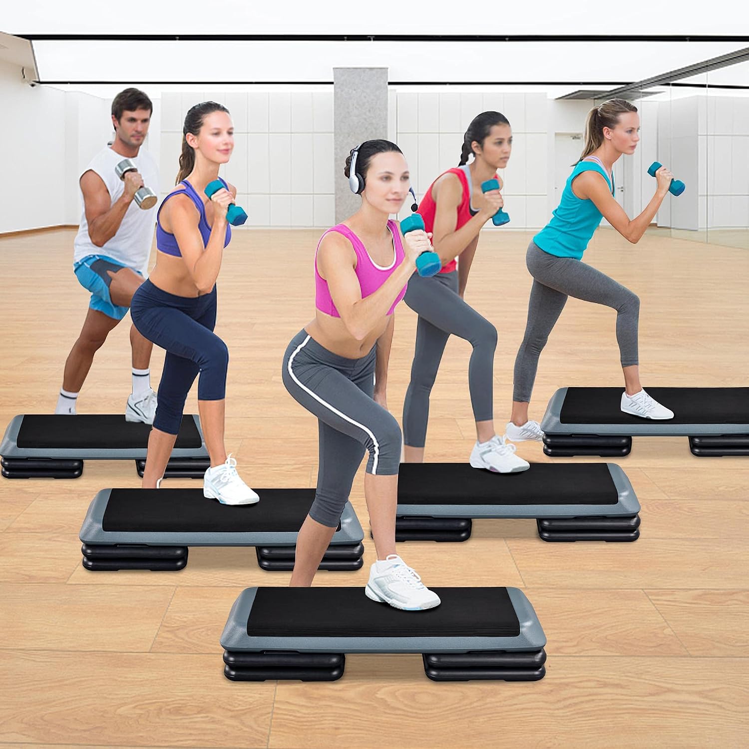 Detalle 2 de Yaheetech 3-Level Adjustable Aerobic Exercise Step Platform (11cm/16cm/21cm) – Grey