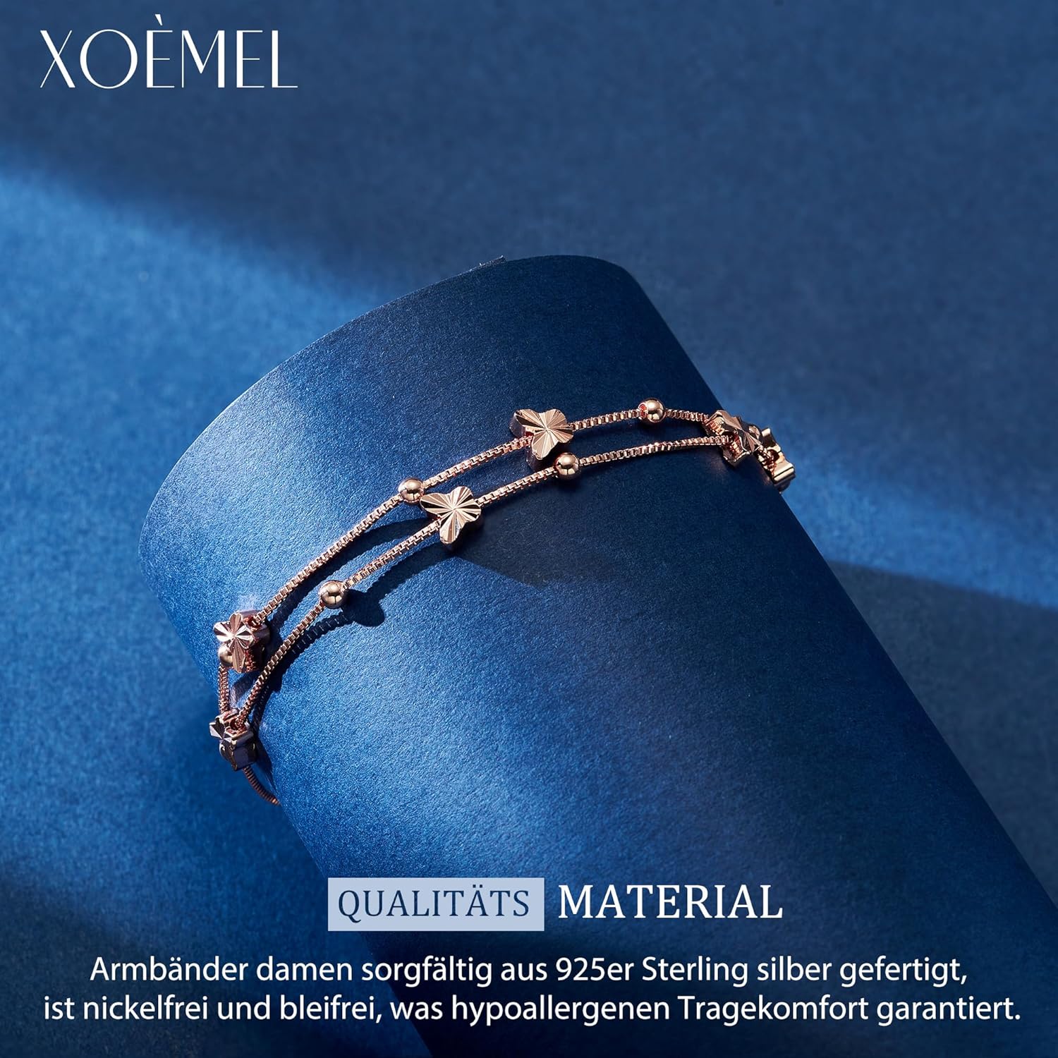 Thumbnail 4 de XOEMEL Bracelet en argent 925 pour femme – Papillons et perles – Or rose, réglable, 43 cm