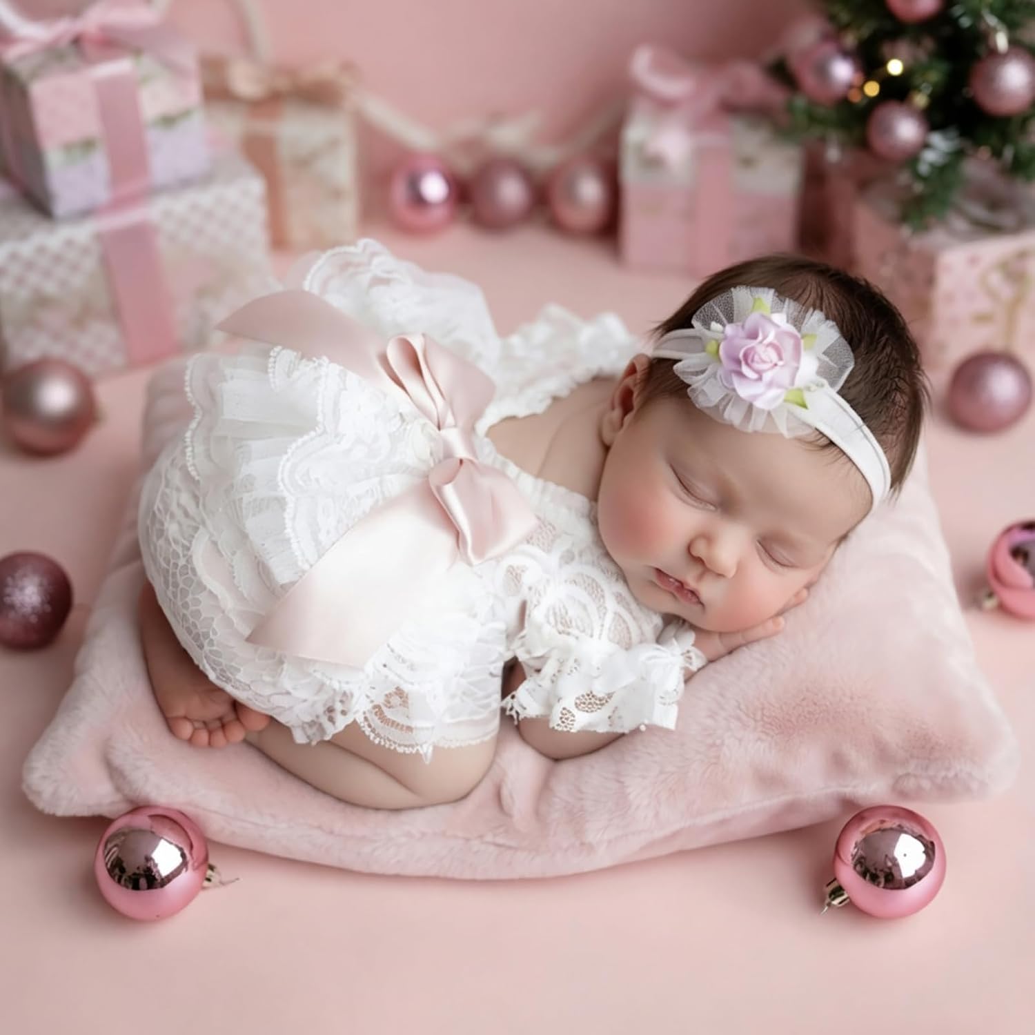 Detalle de ForBaysy Newborn Lace Photography Romper with 3D Flower Headband