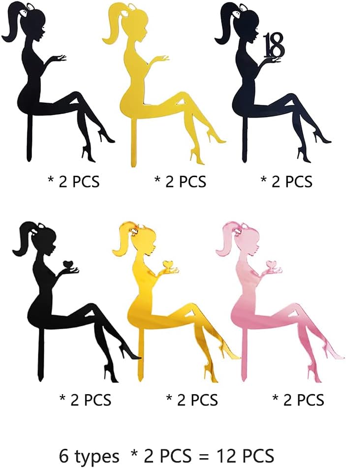 Detalle 2 de Aabellay 12Pcs Happy Birthday Cake Topper – Lady Silhouette High Heels Acrylic Party Decor